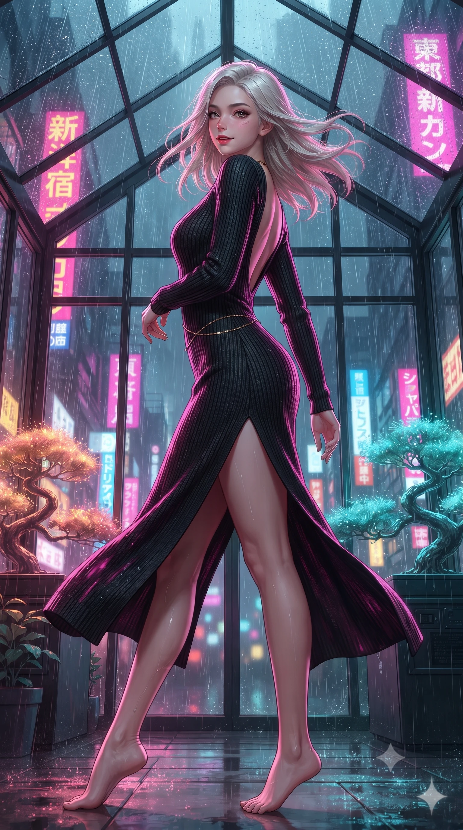 score_9, masterpiece, best quality, ultra-detailed, high-budget anime keyframe, editorial fashion photography, tasteful artistic composition, Korean woman. low angle full-body shot from head to toe showing her feet, filling the entire 9:16 vertical frame with her statuesque presence, stretching her vertical silhouette. executing a slow, graceful pivot turn as her skirt sways around her slender legs, glancing back with an enchanting, teasing sensual expression while twisting her slender torso in an alluring contrapposto stance, raindrops drumming on glass above as neon reflections wash over her curves. The background shows a soft-focus heavy cascading rain on pitched greenhouse glass, towering Shinjuku neon signs, and glowing fiber-optic bonsai needles blurred into magenta, amber, and cyan bokeh. She has an absolutely perfect, statuesque 8.5-heads proportion, an exceptionally tall and slender model-like female figure with impossibly long slender legs, an ultra-slim waist, a flat toned midriff, narrow delicate ribcage, and beautifully sculpted feminine hips creating a graceful, slim hourglass silhouette without any bulky heaviness. sharp v-shaped jawline, high-bridge nose, sparkling eyes with hypnotic seductive depth, thick curled eyelashes, glossy parted lips with a natural dewy peach sheen, alluring bedroom-eyes with an enchanting coquettish smile, exuding magnetic siren charisma and sophisticated glamour, flawlessly proportioned anatomical accuracy, strict slender model proportions, natural body alignment, perfectly sculpted long slender limbs, ultra-slim waistline, clean dynamic posture without body distortion. wearing a plunging V-neck rib-knit sweater dress with an open-back scoop and daring side leg slit in wet-look onyx black with electric magenta reflections, woven from stretch metallic lurex jersey casting radiant starlight glints across her silhouette, accented with a dainty gold belly chain resting across her flat midriff and curving hips, the glove-like clinging cut tightly following the natural contour of her hips and long slender legs with youthful 8.5-heads elegance. bathed in dynamic shifting multi-color neon light transmitted through rain-streaked exterior glass. ultra-reflective glossy finish, specular highlights, rich textural contrasts, high-contrast stereoscopic depth, volumetric dynamic lighting, 2k, ultra detail, master piece, 9:16 ratio