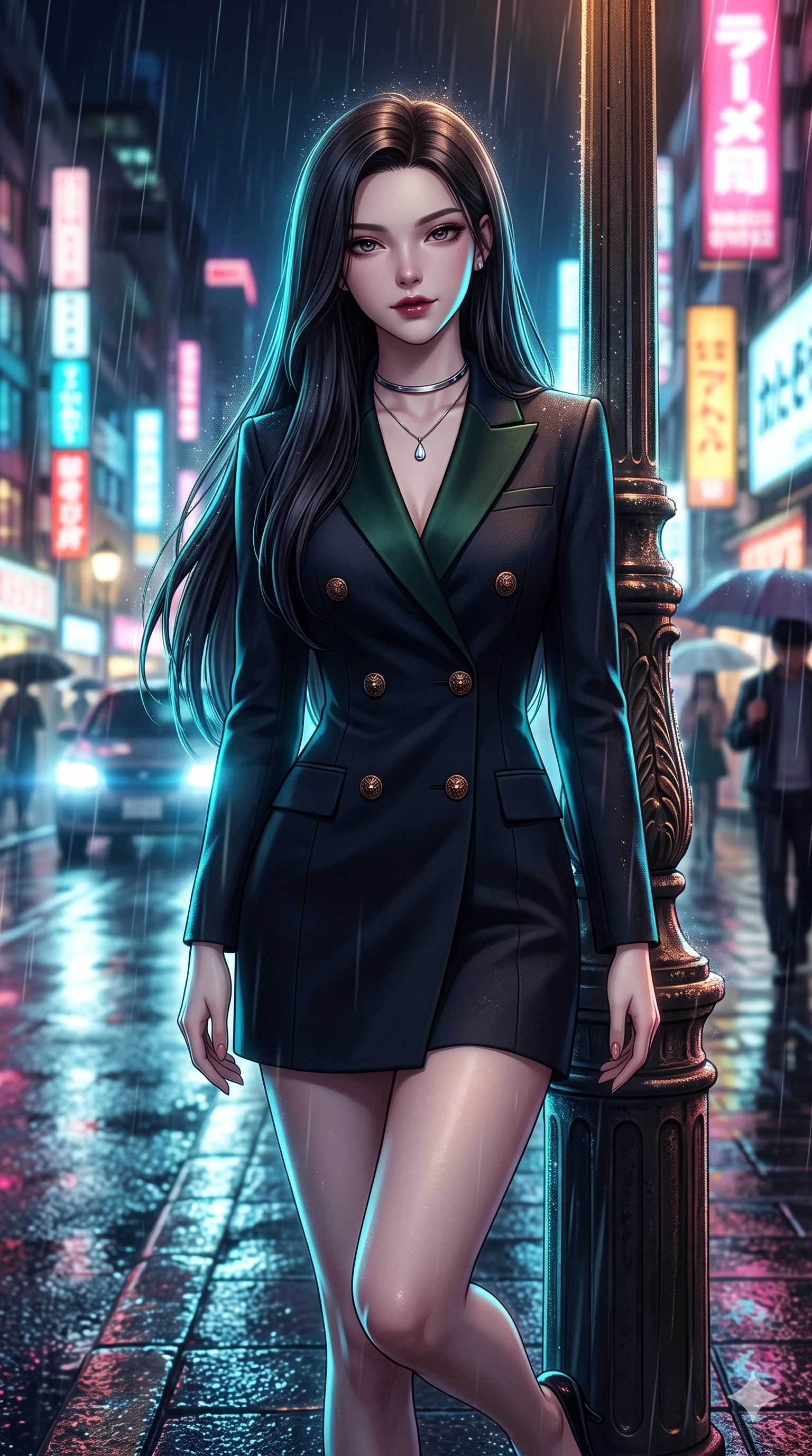 score_9, masterpiece, best quality, ultra-detailed, high-budget anime keyframe, semi-realistic 3D game render, editorial fashion photography, tasteful artistic composition, Korean woman. close-up cowboy shot from the waist and thighs up, the character dominates the composition, filling the frame with her large presence. leaning against a historic cast-iron lamppost with one knee bent, night mist drifting through her hair as her dark outfit traces her feminine curves while stepping forward into the rain-streaked neon light, head tilted slightly as her smoldering gaze captivates the lens. The background shows a soft-focus bustling rainy Tokyo night streetscape softened in metropolitan shallow focus. She has an exceptionally elegant, slender, and willowy female figure with an ultra-slim waist, flat toned midriff, narrow ribcage, and sculpted feminine hips creating an alluring, slim hourglass silhouette without bulk. sharp v-shaped jawline, high-bridge nose, intricate jewel-like dark sparkling eyes with dangerous depth, thick curled eyelashes, glossy parted lips with a rich wine sheen, smoldering seductive half-smile with bedroom-eyes, exuding effortless superiority and intoxicating dark allure, flawlessly proportioned anatomical accuracy, strict slender model proportions, natural body alignment, perfectly sculpted long slender limbs, ultra-slim waistline, clean dynamic posture without body distortion. wearing a tailored double-breasted midnight tuxedo jacket dress with satin peak lapels and golden lion-head buttons in dark emerald green and brushed antique bronze, tailored from fine lightweight midnight wool crepe with crisp architectural structure, finished with a minimalist chrome choker and a single teardrop pendant, the impeccably tailored cut draping gracefully along her slender figure with aristocratic noir poise. illuminated by mirror-wet road surface bounce and sharp electric-cyan rim lights defining her razor-sharp jawline, narrow waist, and curvy hips. highly saturated vibrant anime colors, detailed shading with soft gradients, rich glossy textures, high-contrast stereoscopic depth, volumetric dynamic lighting, master piece, 9:16 ratio