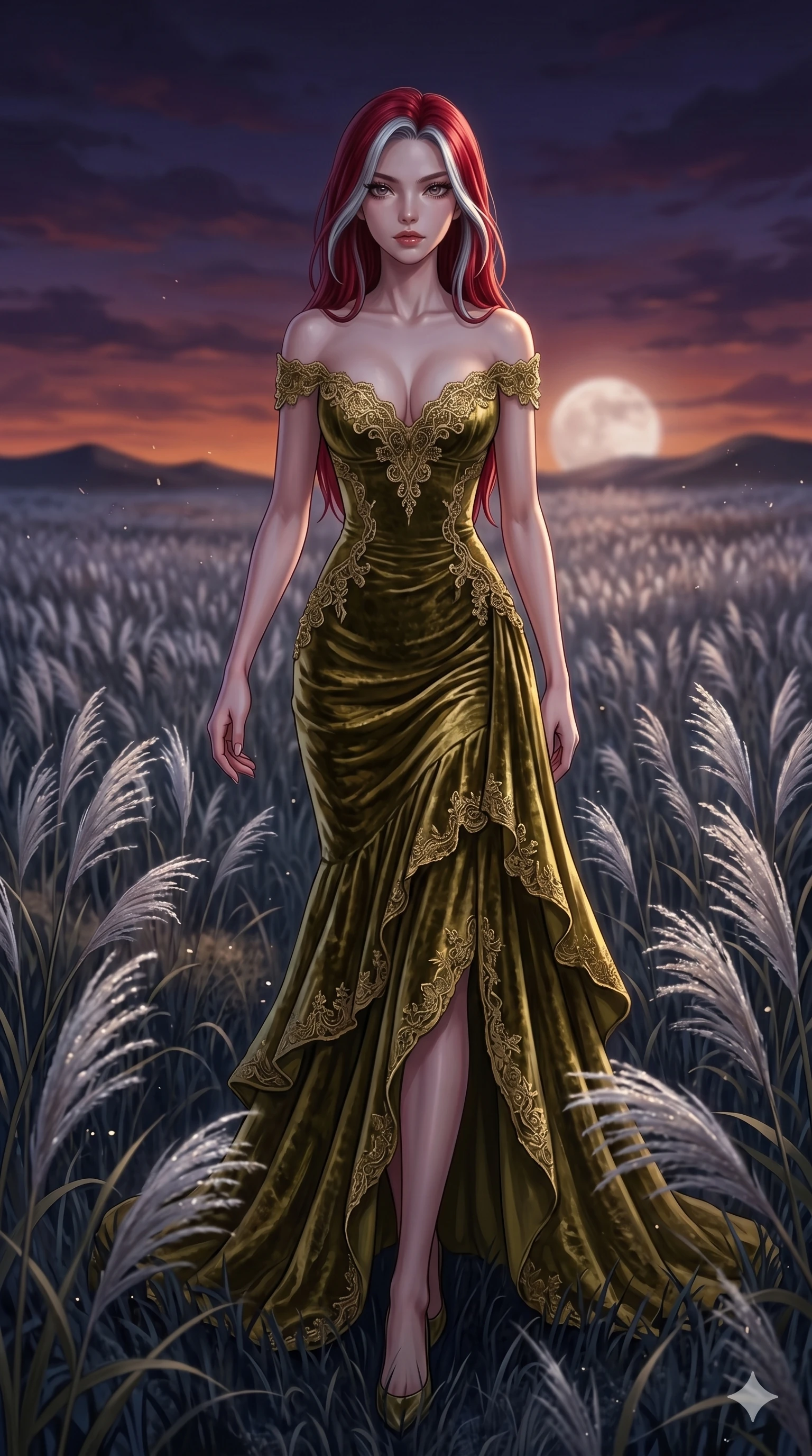 score_9, masterpiece, best quality, ultra-detailed, High-budget Anime Keyframe, East Asian woman. Dynamic full-body shot stretching the vertical silhouette to the limit. Scenario 28: Walking through a field of tall silver grass at twilight. Her presence is magnetic and overpowering in this high-budget anime scene. Outfit 28: A crushed dark velvet gold with a low-cut shoulder and delicate lace embroidery. The clothing is designed to emphasize her exceptionally tall and slender 8-heads proportion. 8-heads proportion, towering silhouette, ultra-slim waist. sharp v-shaped jawline, intricate jewel-like eyes with depth, thick eyelashes, glossy lips. 2k, ultra detail, master piece, 9:16 ratio