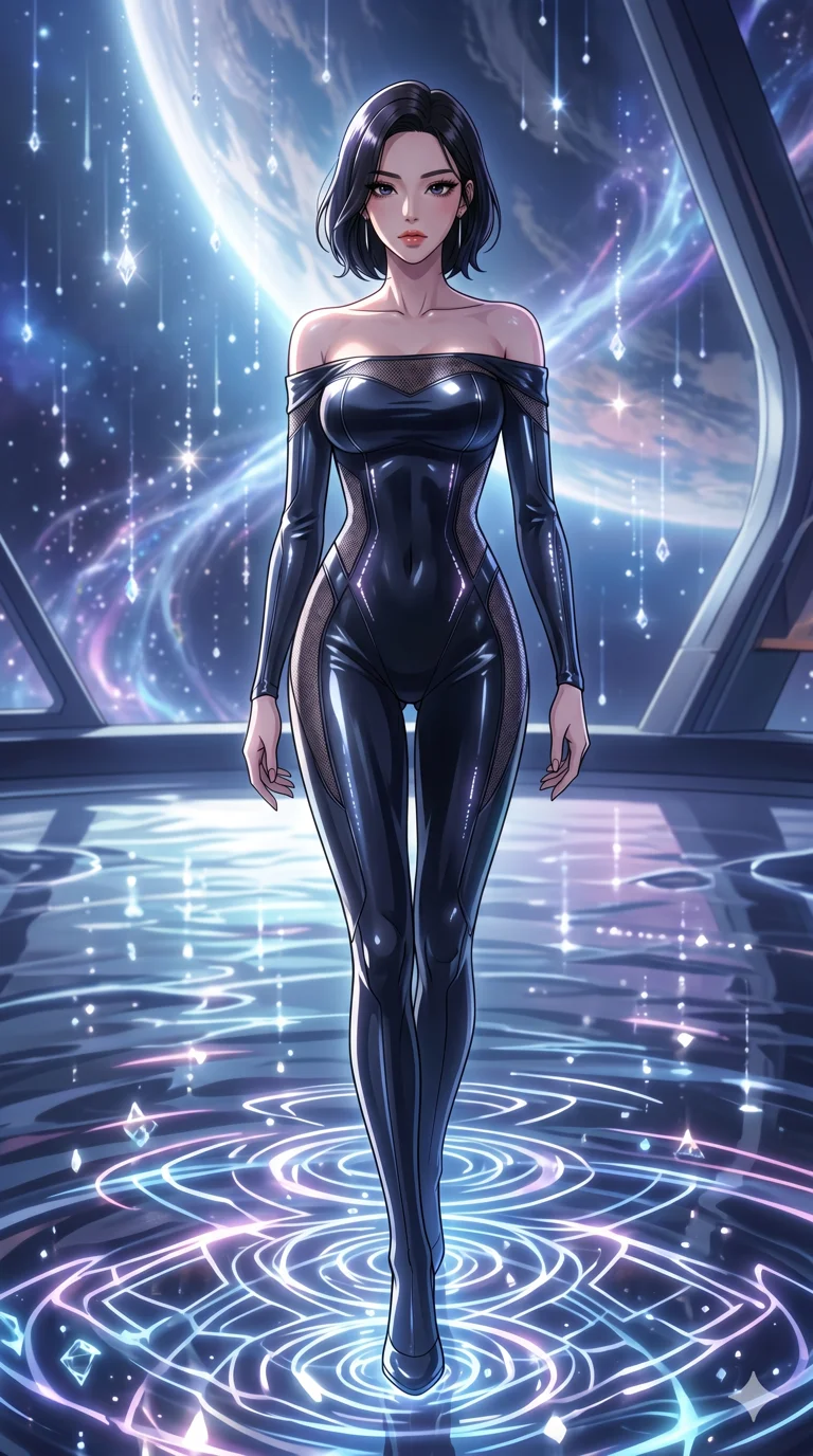score_9, masterpiece, best quality, ultra-detailed, High-budget Anime Keyframe, vibrant colors, fluid line-art, expressive lighting, cinematic composition, Ufotable-style visual effects, top-tier animation quality, Korean woman with idol-like refined features. Medium shot from the thighs up, her commanding presence occupying two-thirds of the frame. Walking upon a surface of vibrating fluid that reacts to her every step with geometric ripples. She has an absolutely perfect 8-heads proportion, an exceptionally tall and slender female figure with impossibly long slender legs and an ultra-slim waist, her statuesque height and towering silhouette dominating the vertical 9:16 frame. Her face is a masterpiece featuring a sharp v-shaped jawline, high-bridge nose, intricate jewel-like eyes with depth, thick eyelashes, and glossy lips with a natural sheen. She is wearing a Off-shoulder tech-suit made of high-gloss synthetic fibers, featuring strategic micro-mesh panels. The scene is set in a celestial terrace overlooking a planet where it rains liquid diamonds. 2k, ultra detail, master piece, 9:16 ratio
