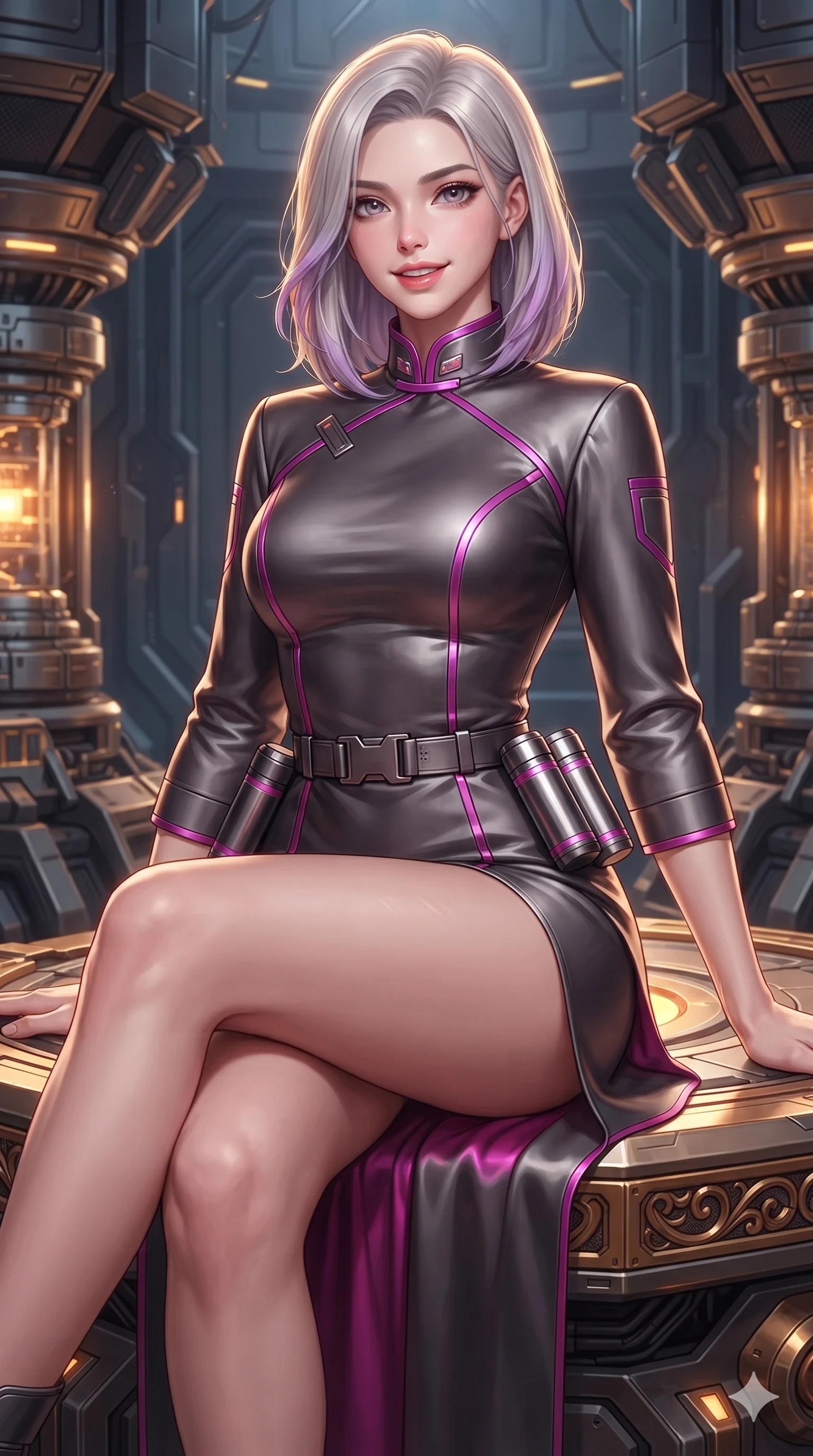 score_9, masterpiece, best quality, ultra-detailed, high-budget anime keyframe, editorial fashion photography, tasteful artistic composition, Caucasian woman. close-up cowboy shot from the waist and thighs up, the character dominates the composition, filling the frame with her large presence. twisting her slender torso in an alluring S-curve, dynamic rim light painting her narrow waist and curvy hips in fire while perched gracefully on the reinforced equipment staging deck with legs crossed, flashing an enchanting smile with parted glossy lips. The surrounding environment is rendered in vivid detail and crisp panoramic clarity: intricate ballistic microfiber weave, metallic armor clasps, and high-tech reactor machinery in razor-sharp clarity. She has an exceptionally elegant, slender, and willowy female figure with an ultra-slim waist, flat toned midriff, narrow ribcage, and sculpted feminine hips creating an alluring, slim hourglass silhouette without bulk. sharp v-shaped jawline, high-bridge nose, intricate jewel-like sparkling eyes with depth, thick eyelashes, glossy parted lips with a natural sheen, bright confident smile with an enchanting and coquettish sensual glint, exuding both youthful magnetic charm and sovereign high-tech allure, flawlessly proportioned anatomical accuracy, strict slender model proportions, natural body alignment, perfectly sculpted long slender limbs, ultra-slim waistline, clean dynamic posture without body distortion. wearing an aristocratic planetary council ceremonial tunic dress with high mandarin collar and bracelet sleeves in deep titanium gunmetal and radiant magenta neon, tailored from brushed aeronautical titanium alloy with matte satin sheen, accented with a sleek utility belt with polished magnetic canisters resting loosely on her curvy hips, the bespoke structured tailoring following the natural line of her 8.5-heads silhouette with refined elegance. illuminated by reactor gantry reflection bounce and sharp golden-amber rim lights sculpting her razor-sharp jawline, narrow waist, and curvy hips. ultra-reflective glossy finish, specular highlights, rich textural contrasts, high-contrast stereoscopic depth, volumetric dynamic lighting, 2k, ultra detail, master piece, 9:16 ratio