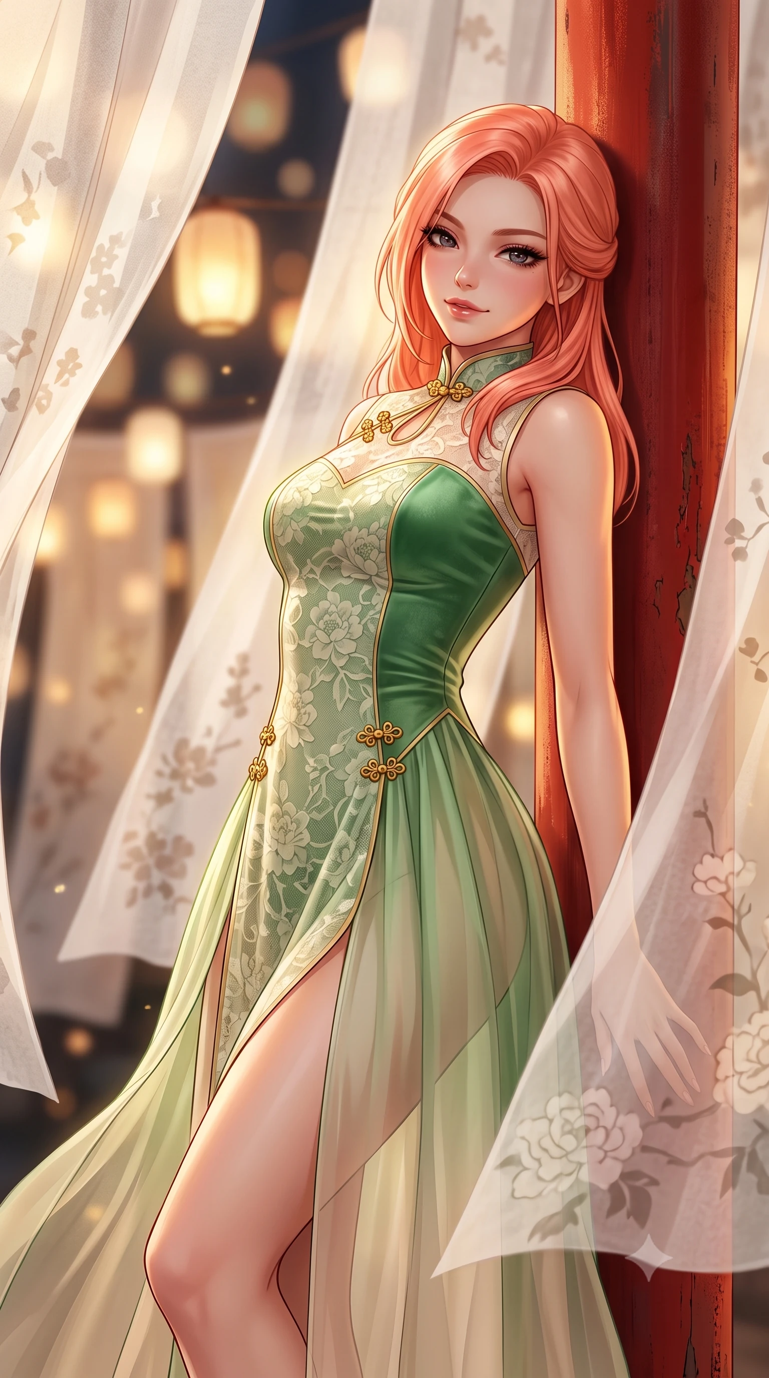 score_9, masterpiece, best quality, ultra-detailed, high-budget anime keyframe, semi-realistic 3D game render, editorial fashion photography, tasteful artistic composition, Japanese woman. close-up cowboy shot from the waist and thighs up, the character dominates the composition, filling the frame with her large presence. leaning back against the red lacquer pillar with relaxed seductive grace, her flat midriff and narrow waist highlighted as warm lantern light traces her curves while standing poised between drying sheets of translucent mulberry paper that flutter like silk, arching her back with ethereal artistic grace. The background shows a soft-focus layers of drying translucent white hanji paper screens and floating glowing lanterns blurred into warm ivory, honey, and charcoal bokeh. She has an exceptionally elegant, slender, and willowy female figure with an ultra-slim waist, flat toned midriff, narrow ribcage, and sculpted feminine hips creating an alluring, slim hourglass silhouette without bulk. sharp v-shaped jawline, high-bridge nose, intricate jewel-like dark sparkling almond eyes with depth, thick lashes, glossy parted lips with a natural rose-plum sheen, bright alluring and coquettish smile with bedroom-eyes, exuding both timeless oriental elegance and sovereign high-fashion allure, flawlessly proportioned anatomical accuracy, strict slender model proportions, natural body alignment, perfectly sculpted long slender limbs, ultra-slim waistline, clean dynamic posture without body distortion. wearing a modern fusion hanbok dress with a structured velvet bodice and cascading sheer ombre organza skirt with front slit in fresh bamboo emerald and soft oatmeal cream, woven from delicate semi-opaque floral lace with oriental peony patterns, accented with intricate gold frog buttons and a delicate mandarin collar, the glove-like silhouette tightly following the natural contour of her hips and long slender legs with youthful 8.5-heads elegance. bathed in warm diffuse amber lantern light filtered through translucent mulberry paper. highly saturated vibrant anime colors, detailed shading with soft gradients, rich glossy textures, high-contrast stereoscopic depth, volumetric dynamic lighting, master piece, 9:16 ratio