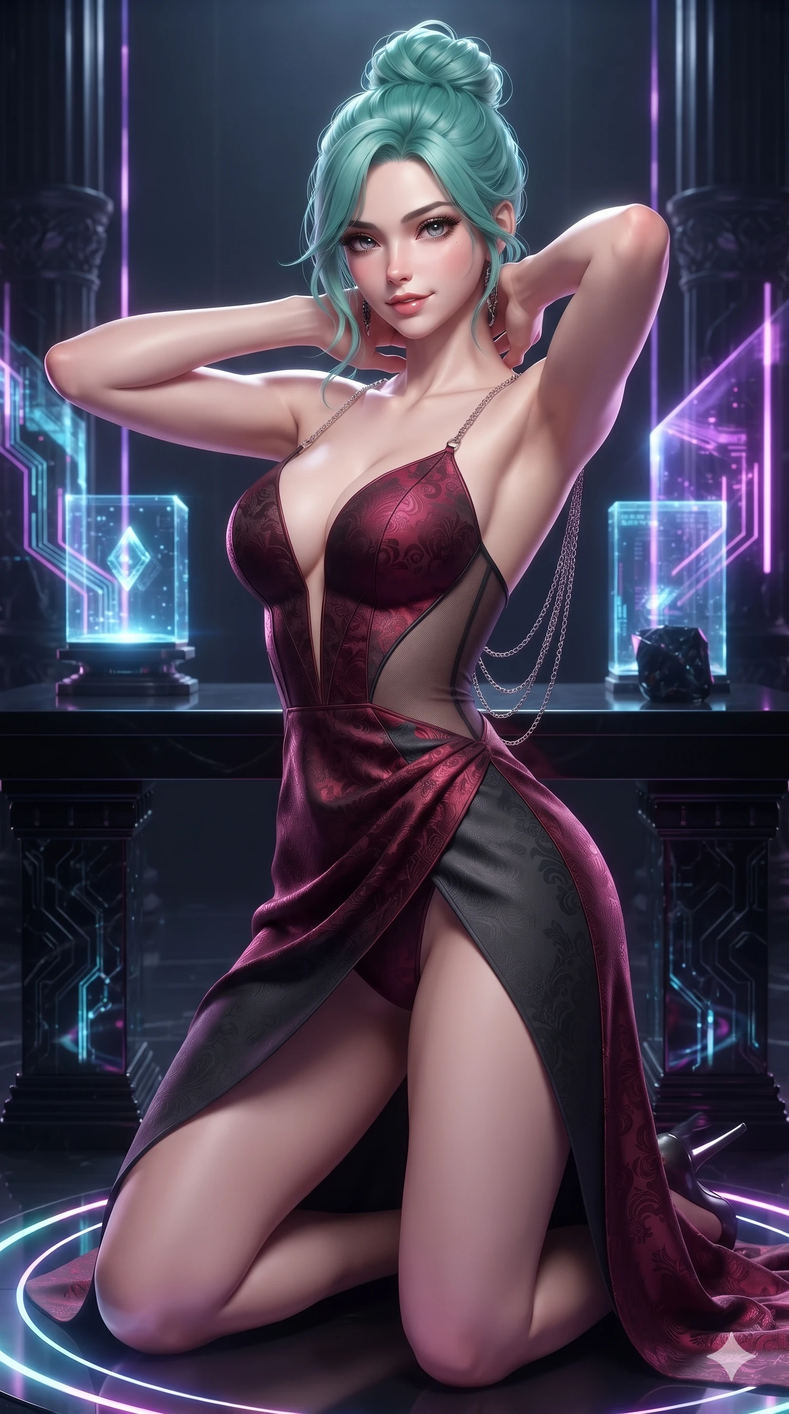 score_9, masterpiece, best quality, ultra-detailed, high-budget anime keyframe, editorial fashion photography, tasteful artistic composition, Japanese woman. close-up cowboy shot from the waist and thighs up, the character dominates the composition, filling the frame with her large presence. resting both hands lightly behind her neck with elbows raised, arching her spine to highlight her narrow waist and flat midriff while kneeling on one knee beside the digital altar dais with hips angled toward the camera, her dark tailored fit highlighting her hourglass curves. The surrounding environment is rendered in vivid detail and crisp panoramic clarity: sharp holographic light beam resolution, carved obsidian pillar chiseling, and polished black glass altar top in deep focus. She has an exceptionally elegant, slender, and willowy female figure with an ultra-slim waist, flat toned midriff, narrow ribcage, and sculpted feminine hips creating an alluring, slim hourglass silhouette without bulk. sharp v-shaped jawline, high-bridge nose, intricate jewel-like dark sparkling eyes with hypnotic seductive depth, thick curled eyelashes, glossy parted lips with a natural wine sheen, alluring bedroom-eyes with an enigmatic smoldering smile, exuding magnetic sovereign charisma and dark avant-garde glamour, flawlessly proportioned anatomical accuracy, strict slender model proportions, natural body alignment, perfectly sculpted long slender limbs, ultra-slim waistline, clean dynamic posture without body distortion. wearing an alluring plunging sweetheart bodice dress with sheer mesh side-waist cutouts contouring her ribs in deep crimson burgundy and matte charcoal, tailored from rich silk jacquard with subtle embossed baroque patterns, accented with an open-back drape framed by falling strands of delicate chrome chains, the high-slit wrap tailoring accentuating her ultra-slim waistline and the enchanting curve of her feminine hips with alluring seductive charm. illuminated by holographic ground circle upward bounce and sharp electric-violet rim lights sculpting her razor-sharp jawline, narrow waist, and curvy hips. ultra-reflective glossy finish, specular highlights, metallic sheen, high-contrast stereoscopic depth, volumetric dynamic lighting, 2k, ultra detail, master piece, 9:16 ratio