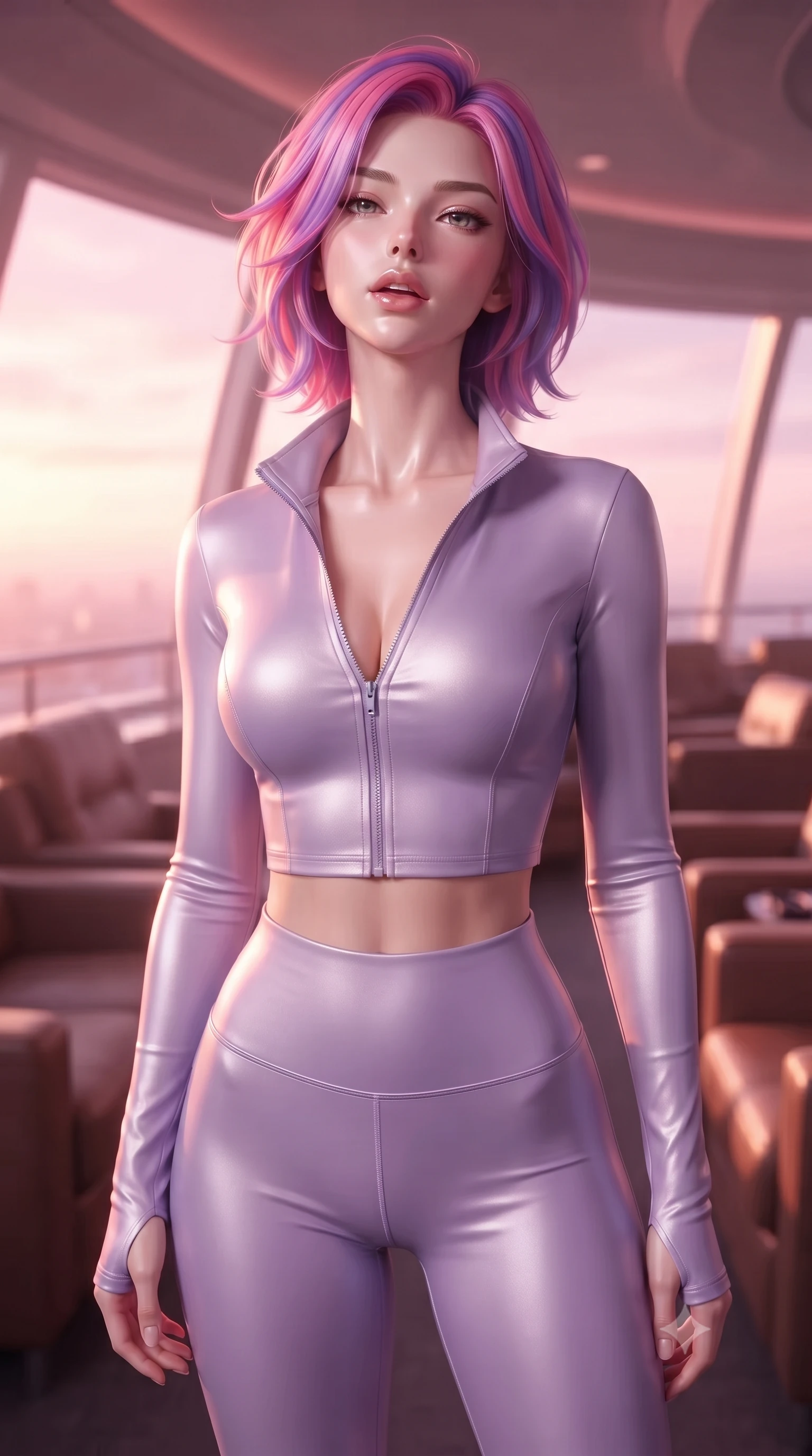 score_9, masterpiece, best quality, ultra-detailed, high-budget anime keyframe, editorial fashion photography, tasteful artistic composition, Caucasian woman. close-up cowboy shot from the waist and thighs up, the character dominates the composition, filling the frame with her large presence, background elements kept in soft focus. tilting her chin up slightly with lips parted in a composed, provocative expression the background shows a soft-focus a panoramic rail observation deck with comfortable leather lounge seats. She has an exceptionally elegant, slender, and willowy female figure with an ultra-slim waist, a gracefully sculpted slender torso, and a refined silhouette. sharp v-shaped jawline, high-bridge nose, intricate jewel-like eyes with depth, thick eyelashes, glossy lips with a natural sheen. wearing a tailored body-hugging activewear set of a tailored zip-up long-sleeve crop top and matching high-waisted leggings in soft lavender. soft pink and amber sunset glow painting the cabin in a romantic wash. ultra-reflective glossy finish, specular highlights, metallic sheen, high-contrast stereoscopic depth, volumetric dynamic lighting, 2k, ultra detail, master piece, 9:16 ratio