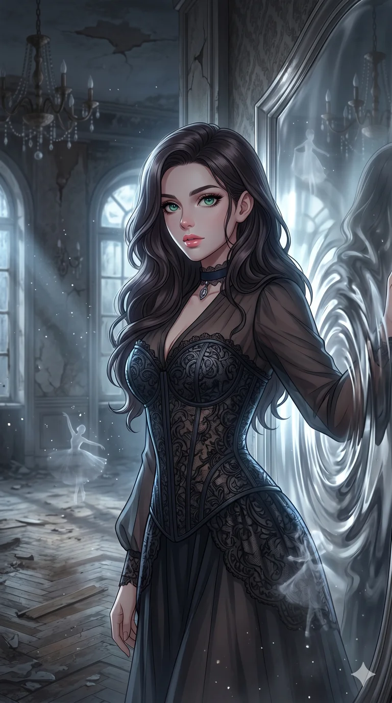 score_9, masterpiece, best quality, ultra-detailed, high-budget anime keyframe, an incredibly beautiful Caucasian woman (strictly human ears). Medium shot of upper body focusing on her alluring features and slim-fit silhouette, filling the vertical 9:16 frame. She is a mirror witch stepping out of a liquid silver mirror in a ruined ballroom. She has an absolutely perfect 8-heads proportion, an exceptionally tall and slender build emphasizing a delicate skinny aesthetic. Her face is a highly detailed masterpiece featuring a sharp v-shaped jawline, high-bridge nose, intricate jewel-like eyes, thick eyelashes, and glossy lips. She is wearing a seductive black lace corset with sheer fabric sleeves. A dusty mansion with floating debris and spectral reflections, dramatic rim lighting., 2k, ultra detail, master piece, 9:16 ratio