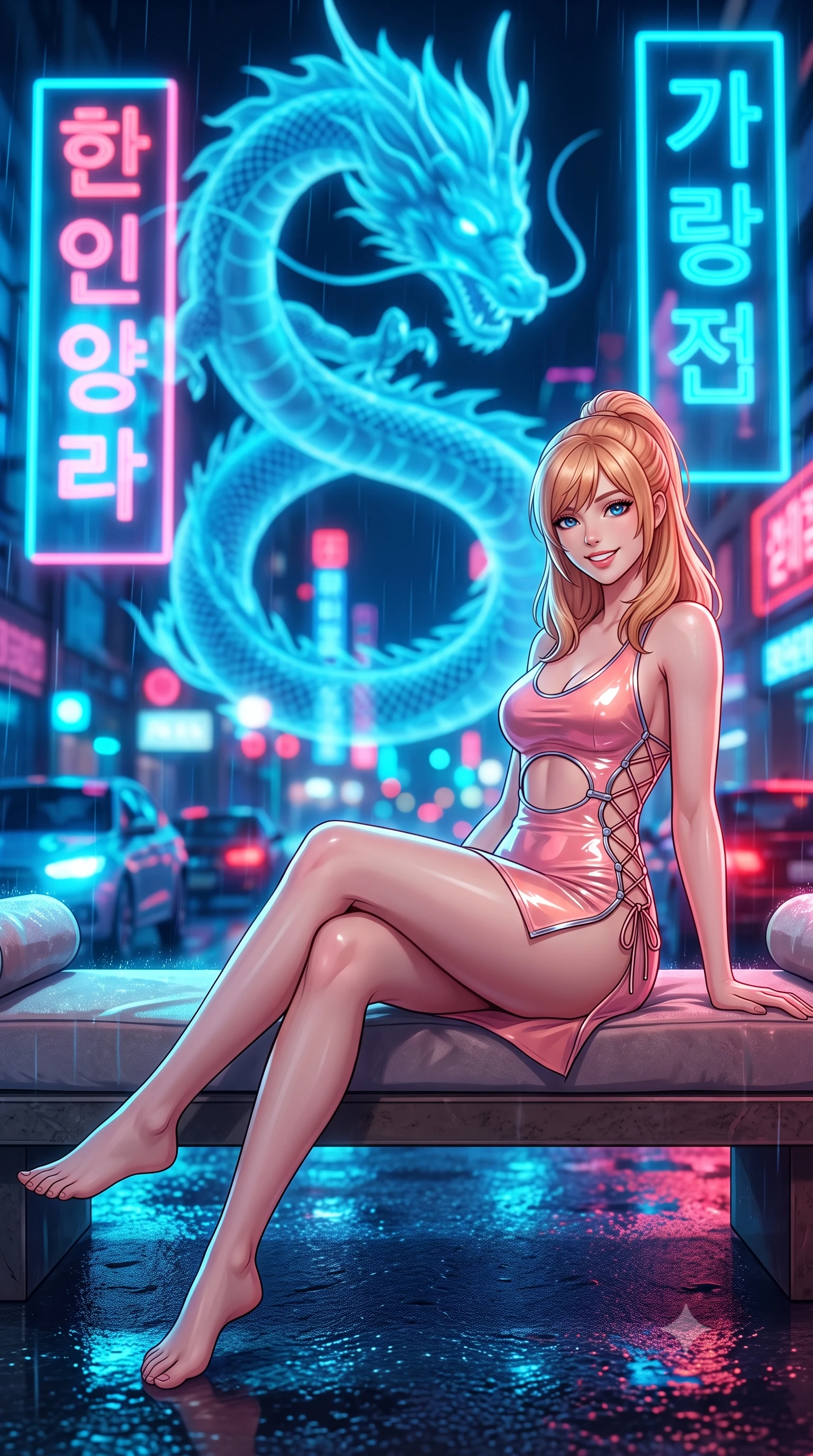 score_9, masterpiece, best quality, ultra-detailed, high-budget anime keyframe, semi-realistic 3D game render, editorial fashion photography, tasteful artistic composition, Caucasian woman. low angle full-body shot from head to toe showing her feet, filling the entire 9:16 vertical frame with her statuesque presence, stretching her vertical silhouette. lounging on the lavish daybed with legs crossed and hips angled toward the camera, displaying her toned midriff and long slender limbs with effortless siren poise while lounging gracefully on the heated stone bench with legs extended, displaying her long slender legs and statuesque hourglass silhouette amid rain-washed neon. The background shows a soft-focus gigantic coiling holographic azure dragon, towering neon Hangul holographic signs, and rain-slicked futuristic traffic blurred into electric cyan, cobalt, and crimson bokeh. She has an exceptionally tall and slender model-like 8.5-heads proportion, an ultra-slim waist, a flat toned midriff, narrow delicate ribcage, and beautifully sculpted feminine hips creating a graceful, slim hourglass silhouette without any bulky heaviness, with impossibly long slender legs. sharp v-shaped jawline, high-bridge nose, intricate jewel-like sparkling eyes with depth, thick eyelashes, glossy parted lips with a natural peach sheen, bright cheerful beaming smile with an enchanting and coquettish sensual glint, exuding both youthful cute charm and seductive allure, flawlessly proportioned anatomical accuracy, strict slender model proportions, natural body alignment, perfectly sculpted long slender limbs, ultra-slim waistline, clean dynamic posture without body distortion. wearing a provocative open-waist cutout mini dress framed by polished chrome hardware and thigh-high slit in Solaris liquid rose-quartz and alien peach, tailored from high-gloss patent leather with mirror-like specular highlights, featuring fine criss-cross lace-up side ties revealing tantalizing glimpses of her hip curve, the glove-like clinging cut tightly following the natural contour of her hips and long slender legs with youthful 8.5-heads elegance. illuminated by wet pavement reflection bounce and sharp electric-cyan rim lights defining her jawline, narrow waist, and curvy hips. highly saturated vibrant anime colors, detailed shading with soft gradients, rich glossy textures, high-contrast stereoscopic depth, volumetric dynamic lighting, master piece, 9:16 ratio