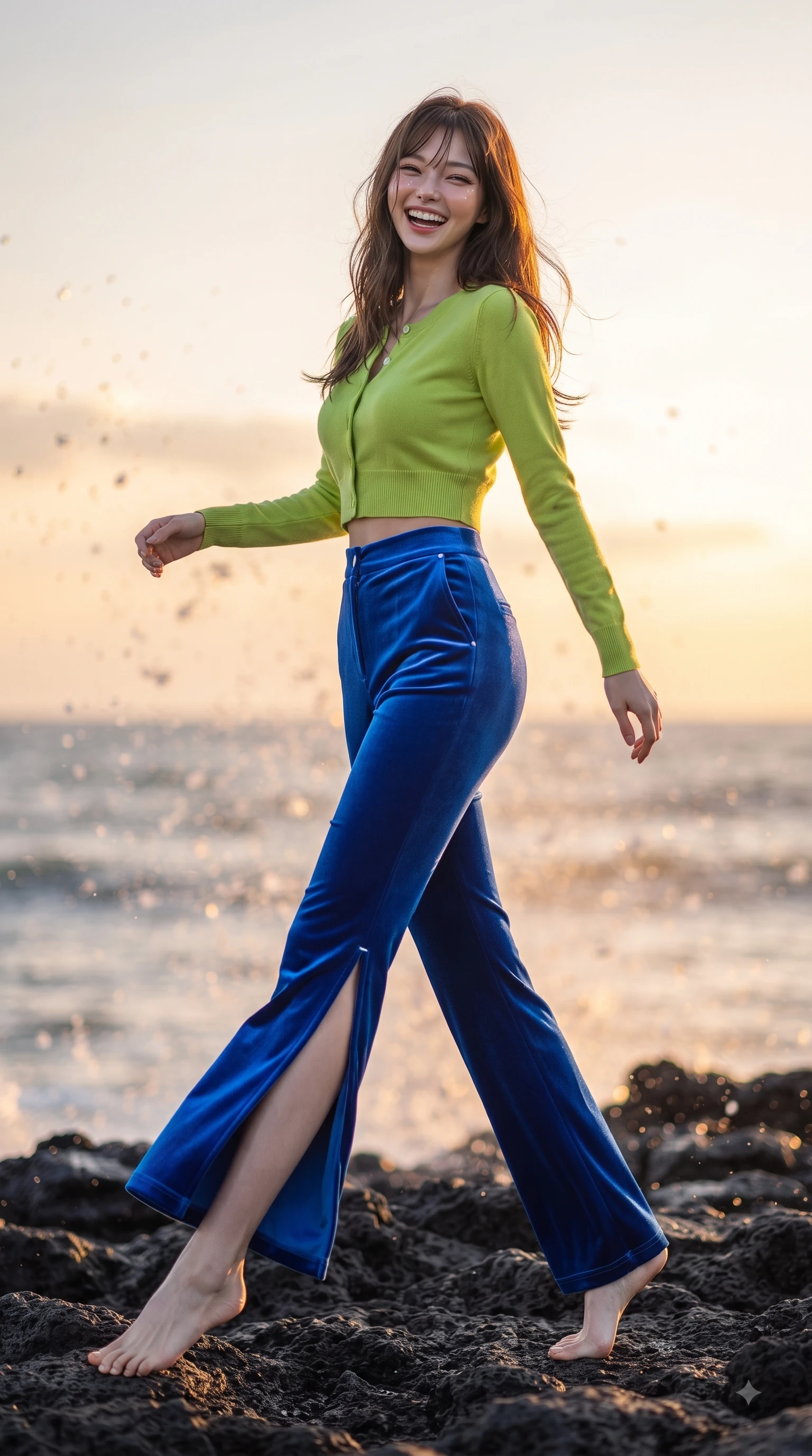 score_9, masterpiece, best quality, ultra-detailed, high-budget anime keyframe, editorial fashion photography, tasteful artistic composition, Korean woman. low angle full-body shot from head to toe showing her feet, filling the entire 9:16 vertical frame with her statuesque presence, stretching her vertical silhouette. Beaming joyful energy with a infectious laughter that brightens the entire composition while pivoting in mid-motion on dark volcanic rocks with a windswept, magnetic stance. The composition keeps background elements in soft focus with dreamy bokeh. sea spray mist particles scattering warm sunset light into a soft backdrop. She has an absolutely perfect, statuesque 8.5-heads proportion, an exceptionally tall and slender model-like female figure with impossibly long slender legs and an ultra-slim waist. sharp v-shaped jawline, high-bridge nose, intricate jewel-like eyes with depth, thick eyelashes, glossy lips with a natural sheen, flawlessly proportioned anatomical accuracy, natural body alignment, perfectly sculpted elegant limbs, clean dynamic posture without body distortion. wearing a bright lime green cropped cardigan paired with high-waist white linen trousers in electric cobalt blue and polished silver accent, made of premium stretch velvet with a rich glossy sheen, finished with a sleek side slit ascending to mid-thigh, the fluid drape swaying gracefully with her dynamic editorial movement. bathed in glorious golden hour sunset backlighting and sparkling ocean refractions. ultra-reflective glossy finish, specular highlights, metallic sheen, high-contrast stereoscopic depth, volumetric dynamic lighting, 2k, ultra detail, master piece, 9:16 ratio