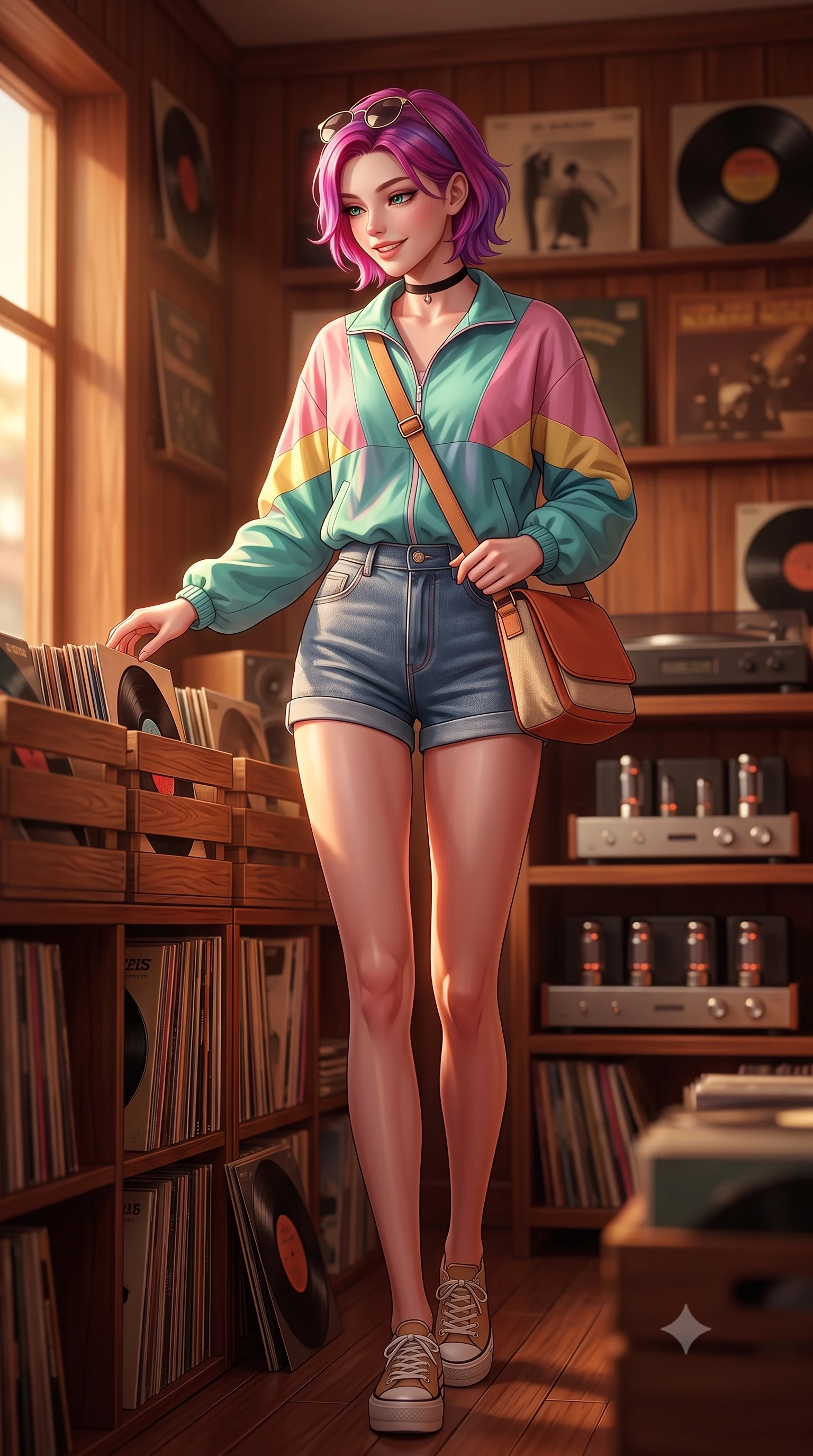 score_9, masterpiece, best quality, ultra-detailed, high-budget anime keyframe, semi-realistic 3D game render, editorial fashion photography, tasteful artistic composition, Caucasian woman. low angle full-body shot from head to toe showing her feet, filling the entire 9:16 vertical frame with her statuesque presence, stretching her vertical silhouette. striding forward in a proud, dynamic supermodel runway stride, her statuesque vertical silhouette commanding the entire frame while browsing through crates of vintage vinyl records in a cozy, wood-paneled record shop with a fascinated, sweet smile. The composition keeps background elements in soft focus with creamy bokeh. walls of vintage vinyl record spines and glowing vacuum tube amplifiers blurred into rich mahogany, amber, and whiskey-gold bokeh. She has an absolutely perfect, statuesque 8.5-heads proportion, an exceptionally tall and slender model-like female figure with impossibly long slender legs, a toned flat midriff, and an ultra-slim waist. sharp v-shaped jawline, high-bridge nose, intricate jewel-like eyes with depth, thick eyelashes, glossy lips with a natural sheen, captivating and magnetic expression, flawlessly proportioned anatomical accuracy, strict slender model proportions, natural body alignment, perfectly sculpted long slender limbs, ultra-slim waistline, clean dynamic posture without body distortion. wearing a retro pastel colorblock windbreaker paired with high-waisted denim shorts and a canvas crossbody bag in warm terracotta and oatmeal beige, made of premium heavyweight washed denim and breathable cotton poplin, finished with a delicate black velvet ribbon choker and vintage sunglasses, the liquid-tight tailored fabric emphasizing every curve of her tall, slender model proportions and sculptured silhouette during dynamic movement. surrounded by a classy, soulful, and deeply romantic retro audiophile sweetheart aura. highly saturated vibrant anime colors, detailed shading with soft gradients, rich glossy textures, high-contrast stereoscopic depth, volumetric dynamic lighting, master piece, 9:16 ratio