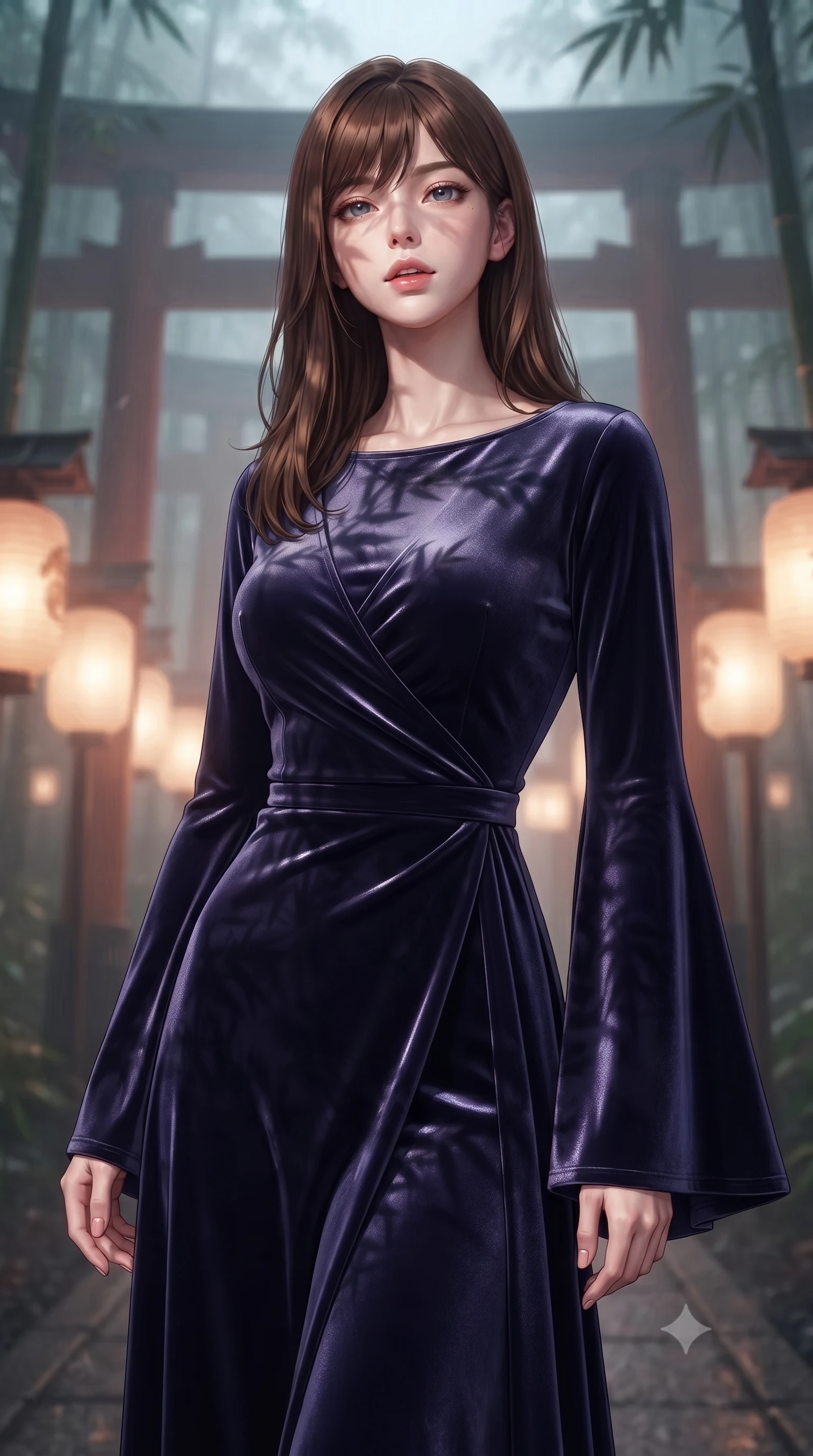 score_9, masterpiece, best quality, ultra-detailed, high-budget anime keyframe, editorial fashion photography, tasteful artistic composition, Korean woman woman. close-up cowboy shot from the waist and thighs up, the character dominates the composition, filling the frame with her large presence, background elements kept in soft focus. She has an exceptionally elegant, slender, and willowy female figure with an ultra-slim waist, a gracefully sculpted slender torso, and a refined silhouette. tilting her chin up slightly with lips parted in a composed and alluring expression, flawlessly proportioned anatomical accuracy, natural body alignment, perfectly sculpted elegant limbs, clean dynamic posture without body distortion. set against a soft-focus background of a misty bamboo torii shrine path with glowing paper lanterns. wearing a luxurious velvet wrap gown with long bell sleeves and a modest boat neckline. bathed in warm amber lantern light casting soft organic bamboo leaf stencil shadows. ultra-reflective glossy finish, specular highlights, metallic sheen, high-contrast stereoscopic depth, volumetric dynamic lighting, 2k, ultra detail, master piece, 9:16 ratio