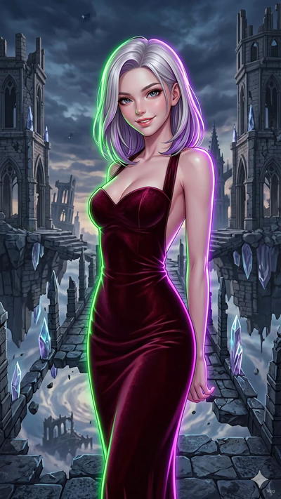 A cinematic 2D anime animation. The warm pendant lights and neon highlights glow brighter and pulse gently. Volumetric dust motes drift lazily through the warm orange sunbeams. The camera executes a slow, steady orbit around the character. Subtle shi