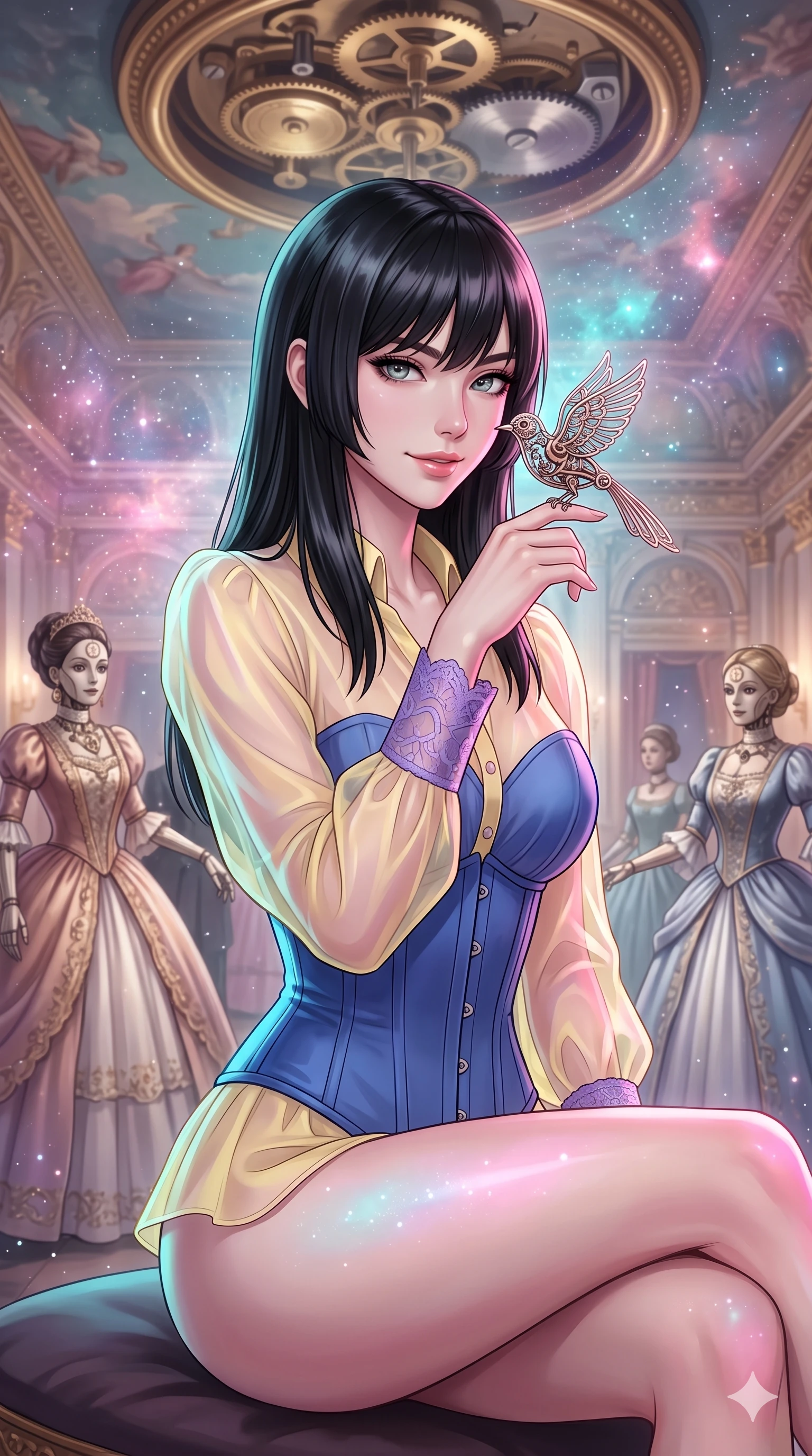 score_9, masterpiece, best quality, ultra-detailed, high-budget anime keyframe, editorial fashion photography, tasteful artistic composition, Caucasian woman, strictly human ears. close-up cowboy shot from the waist and thighs up, the character dominates the composition, filling the frame with her large presence, background elements kept in soft focus. Holding a delicate object up near her face while gazing at the viewer with a knowing smile. set against a soft-focus background of an ornate Victorian ballroom populated by elegant life-sized clockwork automatons in ball gowns with a massive gilded music box mechanism rotating slowly in the frescoed ceiling above. She has an exceptionally elegant and slender, willowy female figure with an ultra-slim waist, a gracefully sculpted slender torso, and a refined slim physique. sharp v-shaped jawline, high-bridge nose, intricate jewel-like eyes with depth, thick eyelashes, glossy lips with a natural sheen. wearing a transparent organza blouse in pastel yellow with purple lace cuffs, layered over a structured cobalt blue corset. starlight and nebula glow casting soft cosmic pink and cyan highlights on her form. 2k, ultra detail, master piece, 9:16 ratio