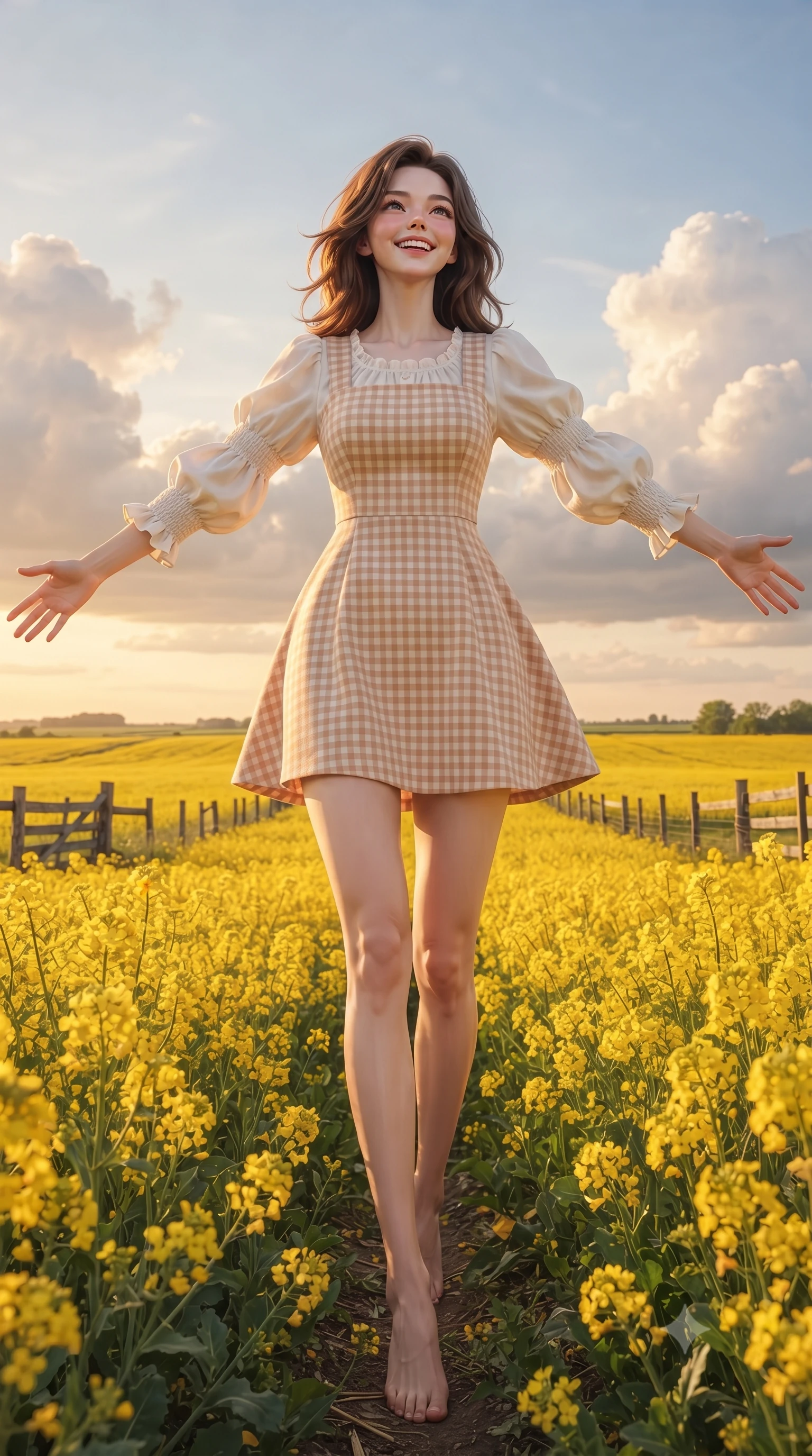 score_9, masterpiece, best quality, ultra-detailed, high-budget anime keyframe, editorial fashion photography, tasteful artistic composition, Korean woman. low angle full-body shot from head to toe showing her feet, filling the entire 9:16 vertical frame with her statuesque presence, stretching her vertical silhouette. walking forward in a cheerful, dynamic stride with a radiant beaming smile, her statuesque silhouette filling the frame while stretching her arms out wide in the golden flower field, embracing the warm summer breeze with pure girlhood delight. The surrounding environment is rendered in vivid detail and crisp panoramic clarity. vibrant yellow canola blossoms, rustic farm fences, and glowing evening clouds in high clarity. She has an absolutely perfect, statuesque 8.5-heads proportion, an exceptionally tall and slender model-like female figure with impossibly long slender legs, a toned flat midriff, and an ultra-slim waist. sharp v-shaped jawline, high-bridge nose, intricate jewel-like eyes with depth, thick eyelashes, glossy lips with a natural sheen, pure and lovely fresh girlhood expression, flawlessly proportioned anatomical accuracy, strict slender model proportions, natural body alignment, perfectly sculpted long slender limbs, ultra-slim waistline, clean dynamic posture without body distortion. wearing a charming pastel gingham pinafore dress layered over a soft white puff-sleeve blouse in warm caramel and cream vanilla, tailored from soft pastel lightweight wool blend with subtle texture, accented with soft smocked elastic details and ruffled cuff trims, the tailored casual silhouette highlighting her fresh and youthful presence and perfectly proportioned slender frame. surrounded by a heartwarming, radiant, and delightfully sunny countryside princess aura. ultra-reflective glossy finish, specular highlights, rich natural textures, high-contrast stereoscopic depth, volumetric dynamic lighting, 2k, ultra detail, master piece, 9:16 ratio
