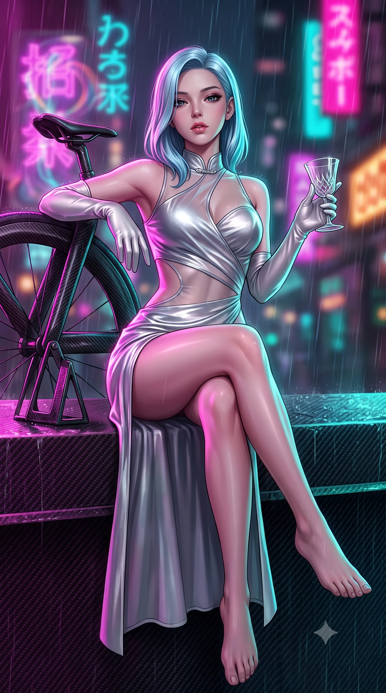 score_9, masterpiece, best quality, ultra-detailed, high-budget anime keyframe, semi-realistic 3D game render, editorial fashion photography, tasteful artistic composition, Korean woman. low angle full-body shot from head to toe showing her feet, filling the entire 9:16 vertical frame with her statuesque presence, stretching her vertical silhouette. sitting perched on the elevated edge with hips angled toward the camera and legs crossed, displaying her toned midriff and flawlessly sculpted slender limbs while reclining casually against a rain-drenched carbon fiber bike stand propped on one elbow, her slender waist and curved hips sculpted by neon chiaroscuro. The composition keeps background elements in soft focus with creamy bokeh. swirling holographic kanji signs and rain-drenched neon restaurant signs blurred into hot magenta, laser turquoise, and amber bokeh. She has an exceptionally tall and slender model-like 8.5-heads proportion, an ultra-slim waist, a flat toned midriff, narrow delicate ribcage, and beautifully sculpted feminine hips creating a graceful, slim hourglass silhouette without any bulky heaviness, with impossibly long slender legs. sharp v-shaped jawline, high-bridge nose, intricate jewel-like eyes with depth, thick eyelashes, glossy parted lips with a natural sheen, intensely captivating and seductive bedroom-eyes expression, flawlessly proportioned anatomical accuracy, strict slender model proportions, natural body alignment, perfectly sculpted long slender limbs, ultra-slim waistline, clean dynamic posture without body distortion. wearing a wet-look silk fusion wrap dress with asymmetrical sheer mesh cutouts and high Mandarin collar in shimmering silver mercury and pearl white, crafted from heavyweight crushed silk velvet with liquid vintage luster, accessorized with opera-length satin gloves and a vintage crystal glass, the second-skin form-contouring cut accentuating her sculpted flat midriff, narrow delicate ribcage, and gracefully curvy hips with supermodel precision. bathed in high-contrast electric magenta and turquoise neon edge lights contrasting with rain-soaked shadow tones. highly saturated vibrant anime colors, detailed shading with soft gradients, rich glossy textures, high-contrast stereoscopic depth, volumetric dynamic lighting, master piece, 9:16 ratio