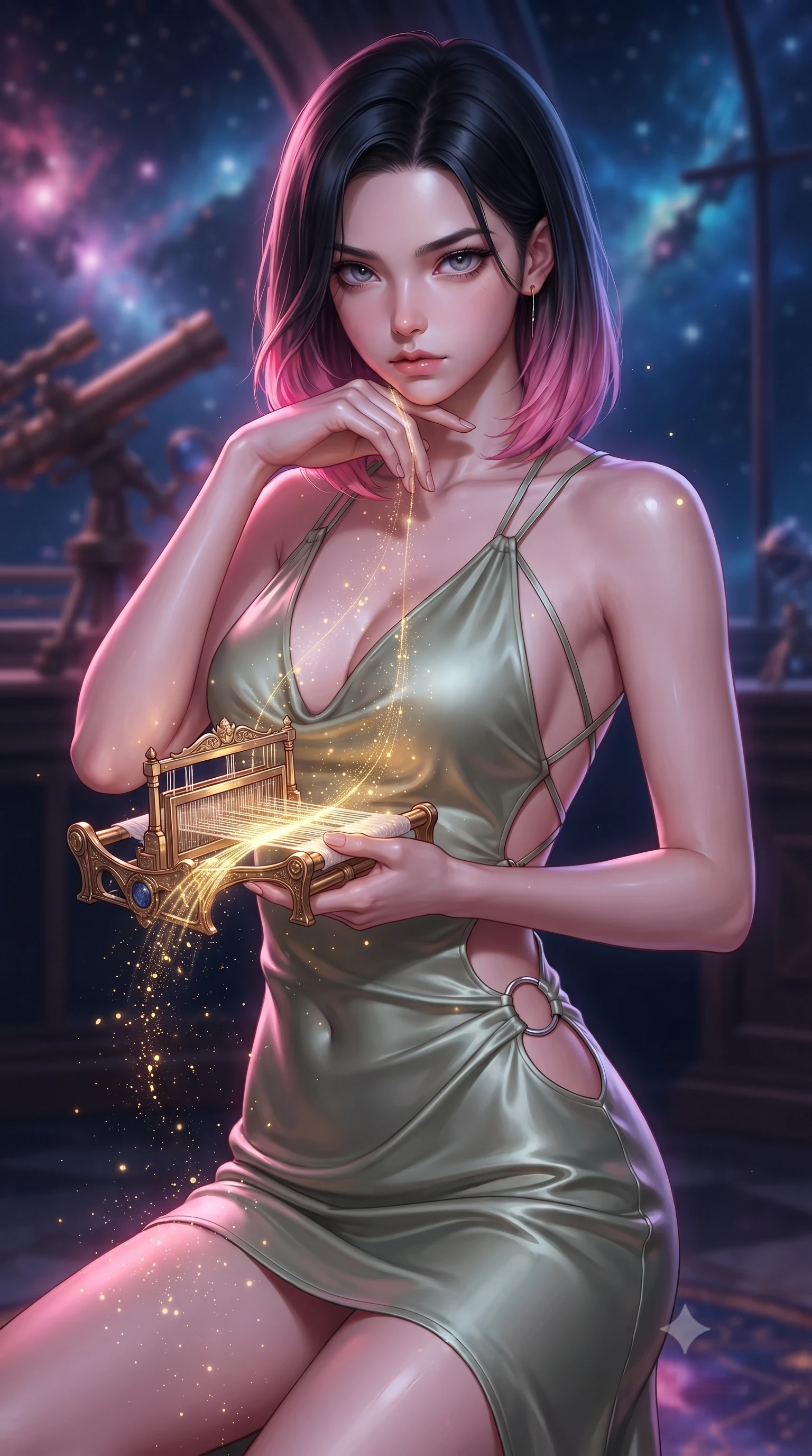 score_9, masterpiece, best quality, ultra-detailed, high-budget anime keyframe, editorial fashion photography, tasteful artistic composition, Korean woman. close-up cowboy shot from the waist and thighs up, the character dominates the composition, filling the frame with her large presence, background elements kept in soft focus. Resting her chin on the backs of her fingers, casting a sharp, mysterious gaze threading brilliant comet dust through a golden celestial loom, starlight particles falling like a golden shower around her. She has an exceptionally elegant, slender, and willowy female figure with an ultra-slim waist, a gracefully sculpted slender torso, and a refined silhouette. sharp v-shaped jawline, high-bridge nose, intricate jewel-like eyes with depth, thick eyelashes, glossy lips with a natural sheen. wearing a deep-scoop halter bodycon dress with hip cutouts connected by silver rings in sage green and oatmeal, crafted from lustrous satin jersey with fluid draping, complemented by criss-cross back straps highlighting her bare shoulders, the elegant draped fit framing her graceful clavicle and slender torso. bathed in radiant cosmic pink and deep navy blue ambient light. ultra-reflective glossy finish, specular highlights, metallic sheen, high-contrast stereoscopic depth, volumetric dynamic lighting, 2k, ultra detail, master piece, 9:16 ratio