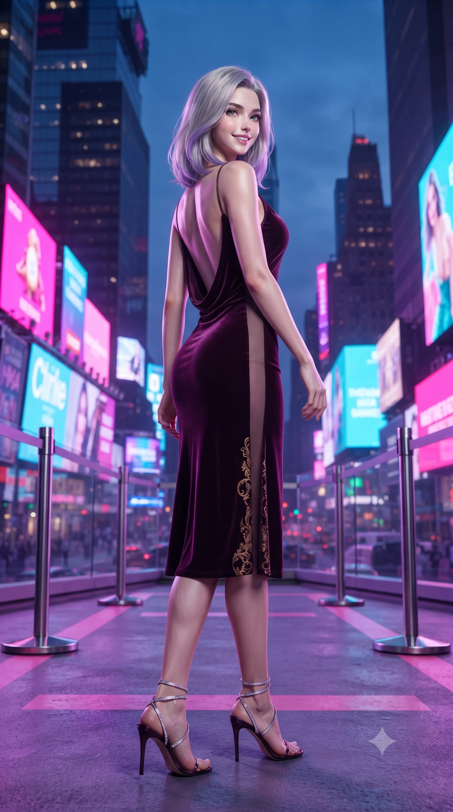 score_9, masterpiece, best quality, ultra-detailed, high-budget anime keyframe, editorial fashion photography, tasteful artistic composition, Caucasian woman. low angle full-body shot from head to toe showing her feet, filling the entire 9:16 vertical frame with her statuesque presence, stretching her vertical silhouette. stepping slowly toward the camera with hypnotic grace, hips swaying in an alluring sensual rhythm that accentuates her curvy hourglass silhouette and long slender legs while twisting her slender torso in an alluring contrapposto stance, thousands of neon billboards casting saturated electric colors across her curves. The surrounding environment is rendered in vivid detail and crisp panoramic clarity: sharp glass balustrade joint seams, stainless steel safety stanchions, and helipad boundary markings in deep focus. She has an exceptionally tall and slender model-like 8.5-heads proportion, an ultra-slim waist, a flat toned midriff, narrow delicate ribcage, and beautifully sculpted feminine hips creating a graceful, slim hourglass silhouette without any bulky heaviness, with impossibly long slender legs. sharp v-shaped jawline, high-bridge nose, intricate jewel-like sparkling eyes with depth, thick eyelashes, glossy parted lips with a natural peach sheen, bright cheerful beaming smile with an enchanting and coquettish sensual glint, exuding both youthful cute charm and seductive allure, flawlessly proportioned anatomical accuracy, strict slender model proportions, natural body alignment, perfectly sculpted long slender limbs, ultra-slim waistline, clean dynamic posture without body distortion. wearing a backless silk crepe slip dress with a swooping low cowl back reaching her waistline and delicate criss-cross straps in opulent dark velvet plum and gilded filigree, made of semi-opaque stretch illusion mesh with soft shadowy contours along her waist, complemented by strappy stiletto sandals with crystal ankle wraps accentuating her slender calves, the precision-cut side openings and low-back scoop framing her graceful spine and the sensual sweep of her slim, toned hips. bathed in the breathtaking contrast of violet dusk sky and blinding saturated neon magenta and cyan billboard backlighting. ultra-reflective glossy finish, specular highlights, rich textural contrasts, high-contrast stereoscopic depth, volumetric dynamic lighting, 2k, ultra detail, master piece, 9:16 ratio