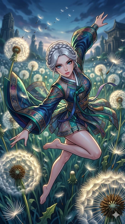 score_9, masterpiece, best quality, ultra-detailed, high-budget anime movie keyframe, cinematic anime lighting, intricate line art, Japanese woman. Extreme high angle shot as she leaps towards the camera, filling the frame. twisting through a field o