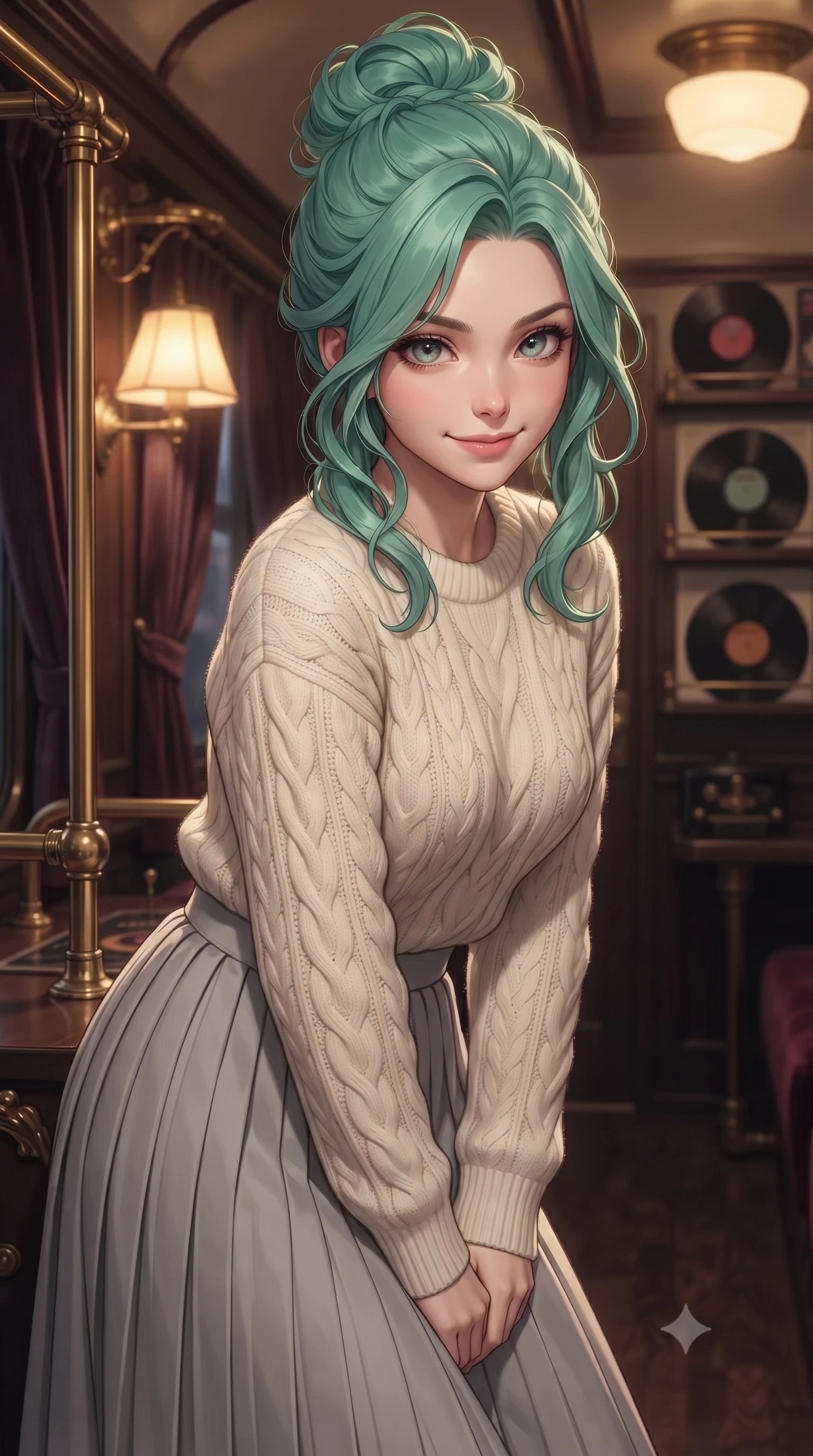 score_9, masterpiece, best quality, ultra-detailed, high-budget anime keyframe, editorial fashion photography, tasteful artistic composition, Japanese woman. close-up cowboy shot from the waist and thighs up, the character dominates the composition, filling the frame with her large presence, background elements kept in soft focus. leaning slightly forward with a playful, teasing smile, her gaze locked onto the viewer the background shows a soft-focus a retro-style train lounge with brass fixtures, velvet curtains, and vintage records. She has an exceptionally elegant, slender, and willowy female figure with an ultra-slim waist, a gracefully sculpted slender torso, and a refined silhouette. sharp v-shaped jawline, high-bridge nose, intricate jewel-like eyes with depth, thick eyelashes, glossy lips with a natural sheen. wearing a body-hugging cozy cable-knit knit sweater in ivory wool, paired with a pleated light grey midi skirt. warm yellow lamplight casting cozy, soft shadows on the wood panels. ultra-reflective glossy finish, specular highlights, metallic sheen, high-contrast stereoscopic depth, volumetric dynamic lighting, 2k, ultra detail, master piece, 9:16 ratio