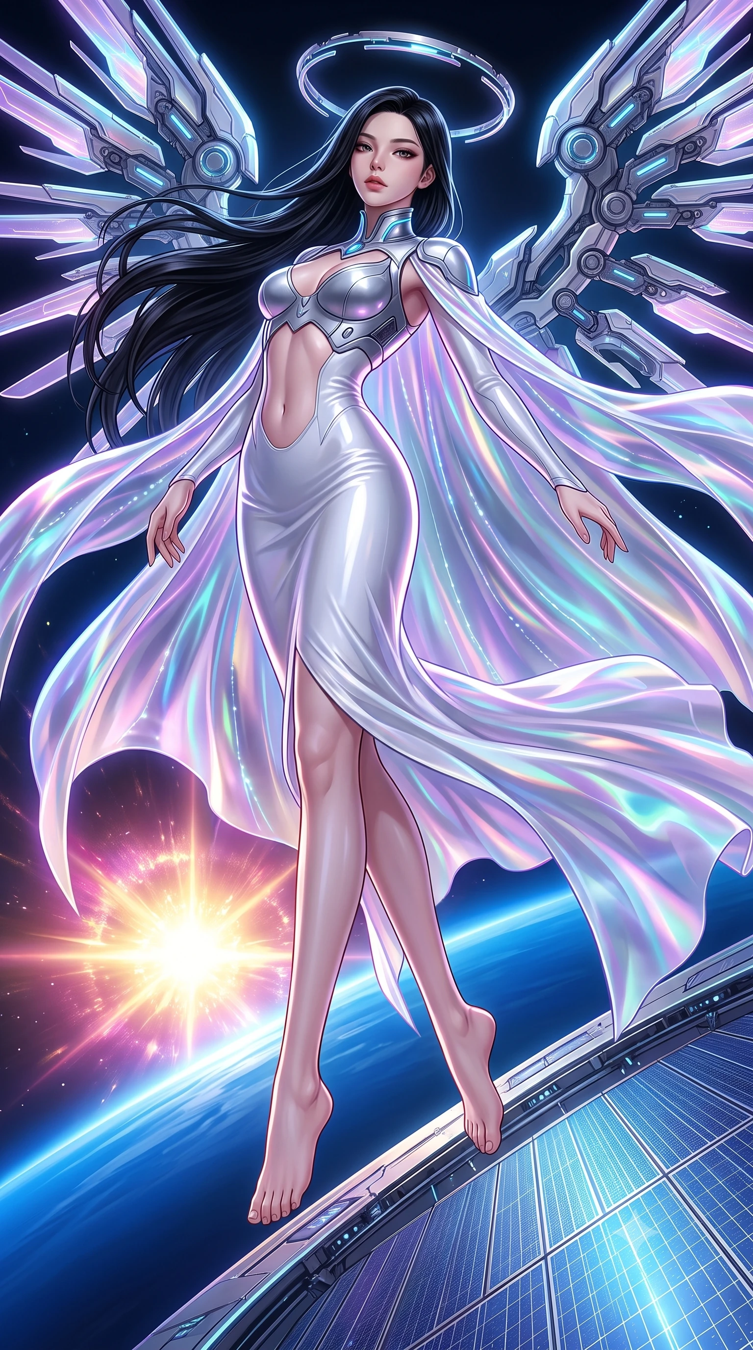 score_9, masterpiece, best quality, ultra-detailed, high-budget anime keyframe, semi-realistic 3D game render, editorial fashion photography, tasteful artistic composition, Korean woman. low angle full-body shot from head to toe showing her feet, filling the entire 9:16 vertical frame with her statuesque presence, stretching her vertical silhouette. arching her back gracefully in mid-air as glowing mechanical wings and floating cybernetic halos frame her statuesque presence while pivoting dynamically on a solar collector ring as a distant celestial supernova paints the horizon in radiant gold and magenta. The surrounding environment is rendered in vivid detail and crisp panoramic clarity. dramatic orbital chiaroscuro and grand space-age engineering rendered in panoramic precision. She has an absolutely perfect, statuesque 8.5-heads proportion, an exceptionally tall and slender model-like female figure with impossibly long slender legs, a toned flat midriff, and an ultra-slim waist. sharp v-shaped jawline, high-bridge nose, intricate jewel-like eyes with depth, thick eyelashes, glossy lips with a natural sheen, flawlessly proportioned anatomical accuracy, strict slender model proportions, natural body alignment, perfectly sculpted long slender limbs, ultra-slim waistline, clean dynamic posture without body distortion. wearing a form-contouring white liquid-mercury gown with polished silver biomechanical breastplate and flowing luminescent chiffon cape in iridescent holographic chrome with prism violet highlights, tailored from semi-translucent cybernetic vinyl with glowing micro-filaments, featuring a sleek aerodynamic collar framed by subtle glowing cybernetic accents, the glove-like aerodynamic second-skin fit tightly clinging to her ultra-slender waist and athletic curves without adding bulk, accentuating her razor-sharp statuesque lines and slim hourglass silhouette. bathed in dazzling high-noon orbital sunlight and rich blue planetary ambient bounce light. rich saturated anime colors with glowing neon highlights, detailed shading with soft gradients, rich glossy textures, high-contrast stereoscopic depth, volumetric dynamic lighting, master piece, 9:16 ratio