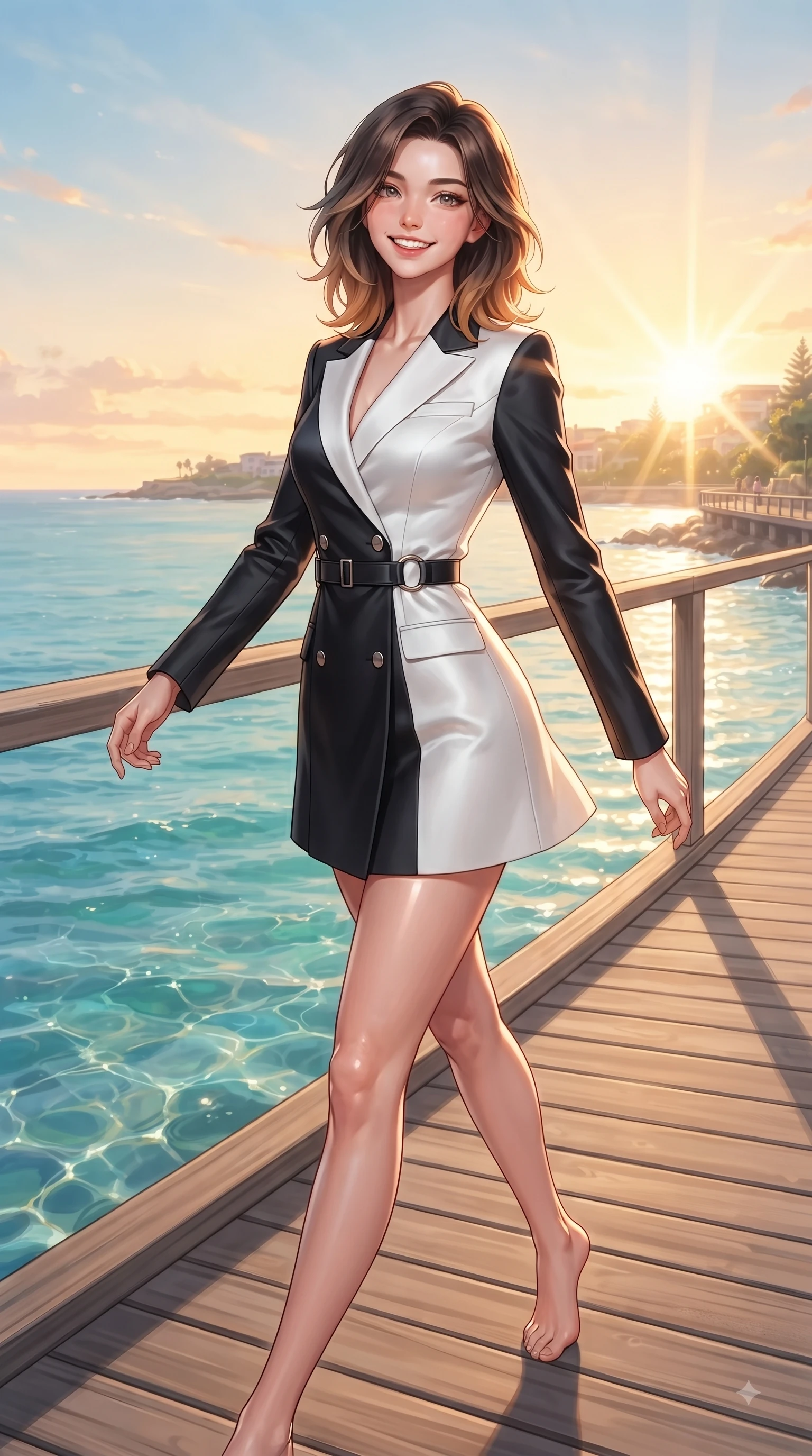 score_9, masterpiece, best quality, ultra-detailed, high-budget anime keyframe, editorial fashion photography, tasteful artistic composition, Korean woman. low angle full-body shot from head to toe showing her feet, filling the entire 9:16 vertical frame with her statuesque presence, stretching her vertical silhouette. pivoting dynamically with a fresh infectious smile, her ultra-slim waist creating a sweeping fluid curve while walking cheerfully along a seaside wooden boardwalk overlooking a turquoise ocean. The surrounding environment is rendered in vivid detail and crisp panoramic clarity. glistening ocean water refractions and coastal scenery rendered with sharp environmental detail. She has an absolutely perfect, statuesque 8.5-heads proportion, an exceptionally tall and slender model-like female figure with impossibly long slender legs and an ultra-slim waist. sharp v-shaped jawline, high-bridge nose, intricate jewel-like eyes with depth, thick eyelashes, glossy lips with a natural sheen, flawlessly proportioned anatomical accuracy, natural body alignment, perfectly sculpted elegant limbs, clean dynamic posture without body distortion. wearing a tailored double-breasted blazer dress with a sleek waist belt and clean lines in sleek jet black and pure white contrast, crafted from smooth liquid silk satin, accented with subtle metallic ring hardware framing her waist, the glove-like fit emphasizing her statuesque silhouette during motion. illuminated by a glorious golden hour sunburst painting the sky in joyful amber and peach. ultra-reflective glossy finish, specular highlights, metallic sheen, high-contrast stereoscopic depth, volumetric dynamic lighting, 2k, ultra detail, master piece, 9:16 ratio