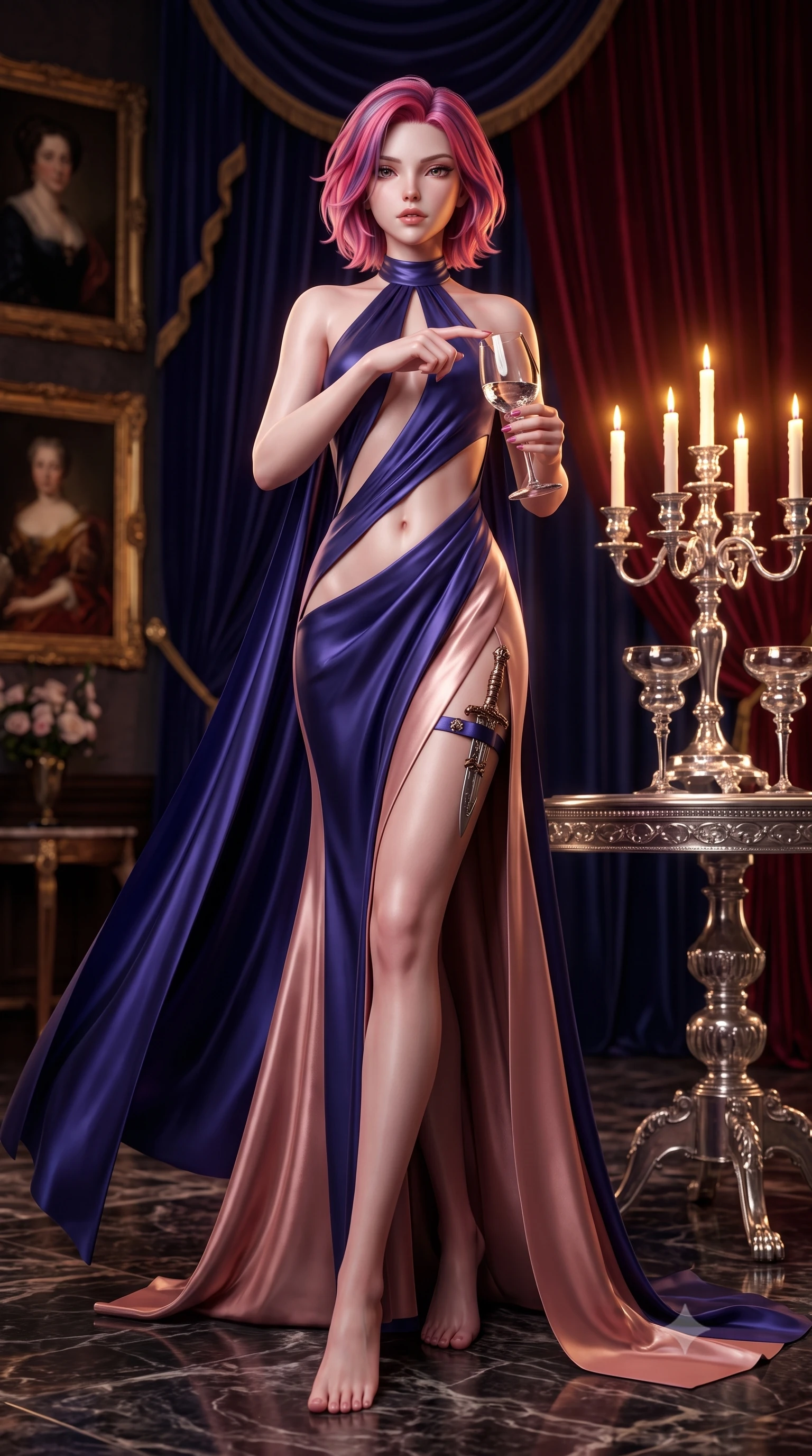 score_9, masterpiece, best quality, ultra-detailed, high-budget anime keyframe, semi-realistic 3D game render, editorial fashion photography, tasteful artistic composition, Caucasian woman. low angle full-body shot from head to toe showing her feet, filling the entire 9:16 vertical frame with her statuesque presence, stretching her vertical silhouette. pivoting dynamically with supreme athletic balance, her impossibly long slender legs and ultra-slim waist creating a mesmerizing vertical line while standing poised beside the grand candelabra table, slowly running one manicured finger along the rim of her wine glass. The composition keeps background elements in soft focus with creamy bokeh. heavy velvet draperies and antique oil portraits softened in luxurious shallow depth of field. She has an absolutely perfect, statuesque 8.5-heads proportion, an exceptionally tall and slender model-like female figure with impossibly long slender legs, a toned flat midriff, and an ultra-slim waist. sharp v-shaped jawline, high-bridge nose, intricate jewel-like eyes with depth, thick eyelashes, glossy parted lips with a natural sheen, intensely captivating and seductive expression, flawlessly proportioned anatomical accuracy, strict slender model proportions, natural body alignment, perfectly sculpted long slender limbs, ultra-slim waistline, clean dynamic posture without body distortion. wearing a gothic siren halter-neck dress with dramatic diagonal torso cutouts and a trailing floor-length silk cape in royal indigo and antique rose gold, tailored from ultra-smooth duchess satin with a pearlescent sheen, equipped with a concealed dagger sheath garter under her slit skirt, the precision-cut daring openings accentuating her delicate midriff, graceful bare collarbones, and ultra-slim feminine waistline. illuminated by rich directional firelight sculpting every feminine curve of her slender silhouette. highly saturated vibrant anime colors, detailed shading with soft gradients, rich glossy textures, high-contrast stereoscopic depth, volumetric dynamic lighting, master piece, 9:16 ratio