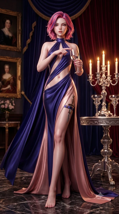 score_9, masterpiece, best quality, ultra-detailed, high-budget anime keyframe, semi-realistic 3D game render, editorial fashion photography, tasteful artistic composition, Caucasian woman. low angle full-body shot from head to toe showing her feet, 