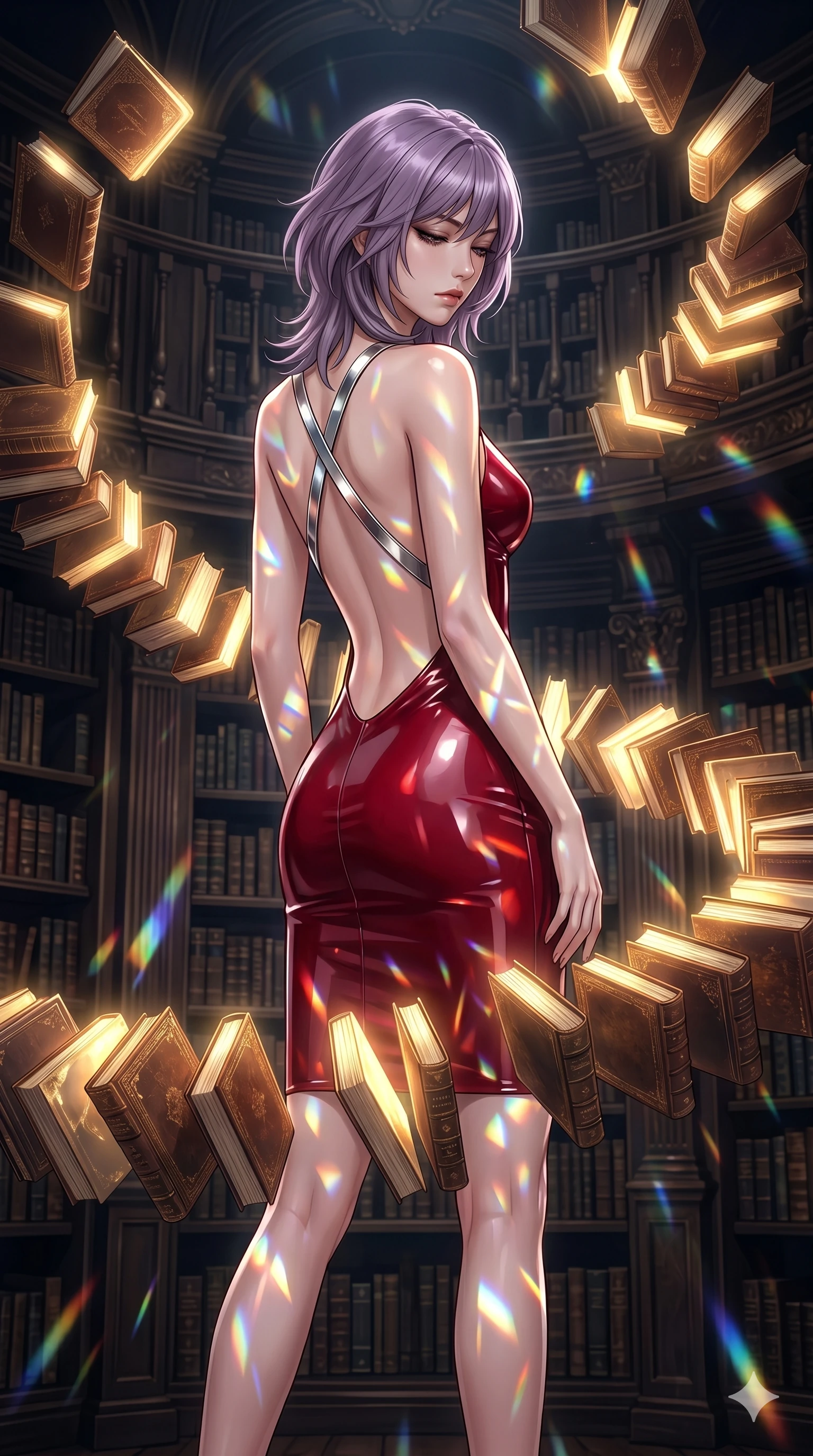 score_9, masterpiece, best quality, ultra-detailed, high-budget anime keyframe, editorial fashion photography, tasteful artistic composition, Japanese woman. cowboy shot from the thighs up, character and outfit filling the frame for maximum editorial presence. Looking down with lowered lashes and a composed, powerful expression amidst a baroque library where glowing golden books orbit in slow spiral patterns. She has an absolutely perfect 8-heads proportion, an exceptionally tall and slender female figure with impossibly long slender legs and an ultra-slim waist. V-shaped jawline, high-bridge nose, intricate jewel-like eyes with depth, thick eyelashes, glossy lips with a natural sheen. wearing a structured deep-cherry-red fashion-latex fitted dress with a clean architectural front and a dramatic open-back design with a single criss-cross strap in chrome across the bare back. lit by mirror-reflected prismatic spotlights creating geometric light patterns that play across her body. 2k, ultra detail, master piece, 9:16 ratio