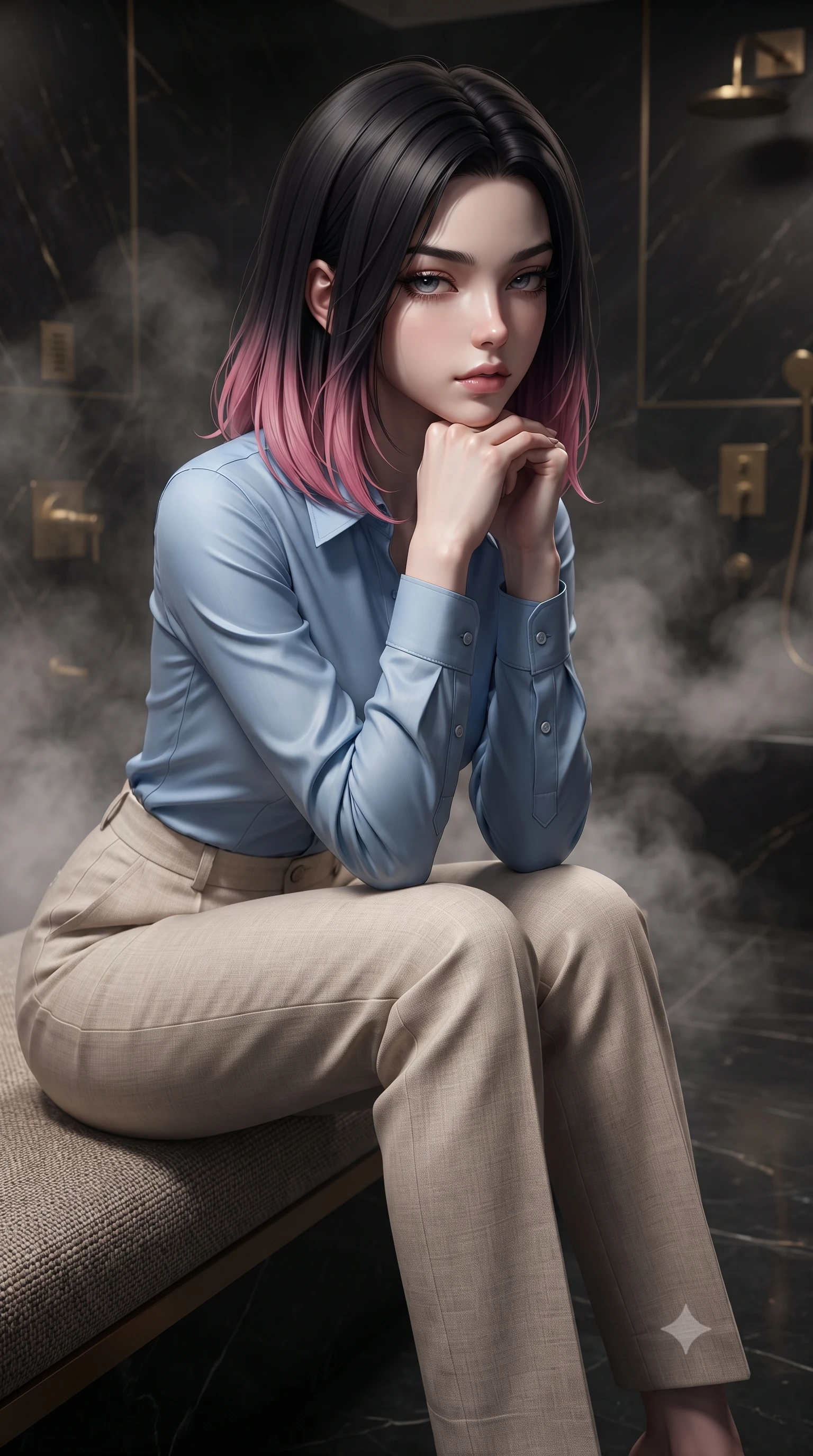 score_9, masterpiece, best quality, ultra-detailed, high-budget anime keyframe, editorial fashion photography, tasteful artistic composition, Korean woman woman. close-up cowboy shot from the waist and thighs up, the character dominates the composition, filling the frame with her large presence, background elements kept in soft focus. resting her chin on the backs of her fingers, casting a heavy-lidded, sultry look past the camera the background shows a soft-focus a private steam room built of dark obsidian stone with gold accents. She has an exceptionally elegant, slender, and willowy female figure with an ultra-slim waist, a gracefully sculpted slender torso, and a refined silhouette. sharp v-shaped jawline, high-bridge nose, intricate jewel-like eyes with depth, thick eyelashes, glossy lips with a natural sheen. wearing a form-contouring tailored sky blue button-down shirt tucked into high-waisted beige linen trousers. dramatic chiaroscuro lighting focusing on her athletic, slender build. ultra-reflective glossy finish, specular highlights, metallic sheen, high-contrast stereoscopic depth, volumetric dynamic lighting, 2k, ultra detail, master piece, 9:16 ratio