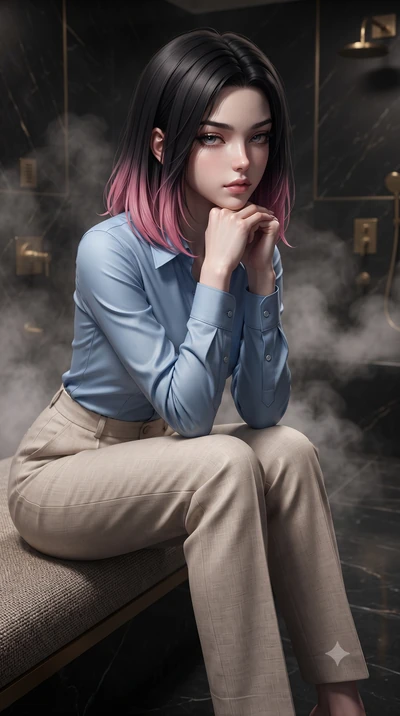 score_9, masterpiece, best quality, ultra-detailed, high-budget anime keyframe, editorial fashion photography, tasteful artistic composition, Korean woman woman. close-up cowboy shot from the waist and thighs up, the character dominates the compositi
