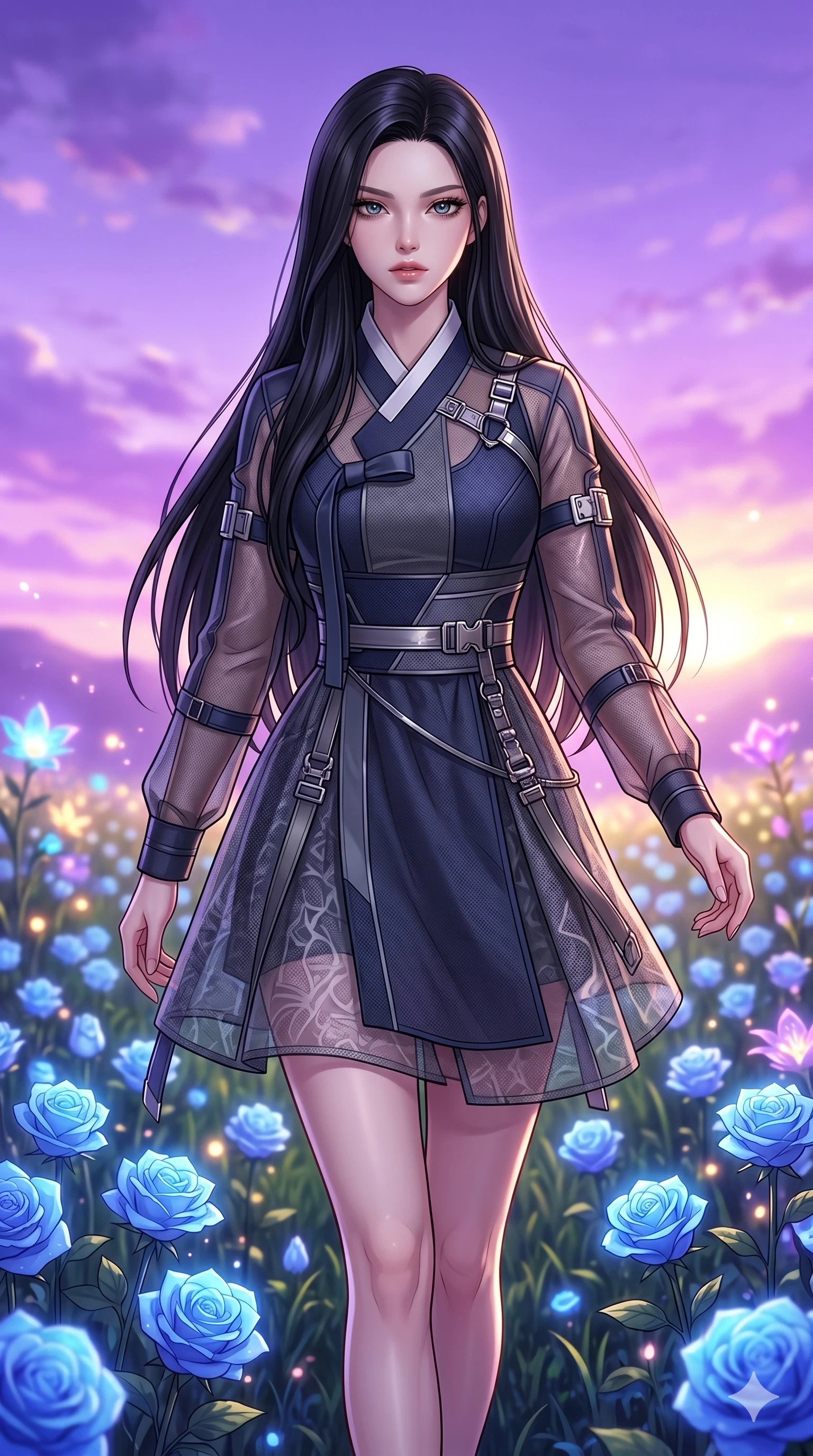 score_9, masterpiece, best quality, ultra-detailed, Set C: High-budget Anime Keyframe, Korean woman. Upper body close-up from the thighs up, character filling the screen for maximum presence. Walking through a field of blue roses under a lavender sky. She has an absolutely perfect 8-heads proportion, an exceptionally tall and slender female figure with an slender waist and ethereal beauty. Sharp v-shaped jawline, high-bridge nose, intricate jewel-like eyes with depth, thick eyelashes, glossy lips. Wearing a Modern Traditional outfit: tech-hanbok with transparent panels and metallic straps. Background is a bright and colorful meadow with glowing flowers and a vibrant purple sunset. 2k, ultra detail, master piece, 9:16 ratio