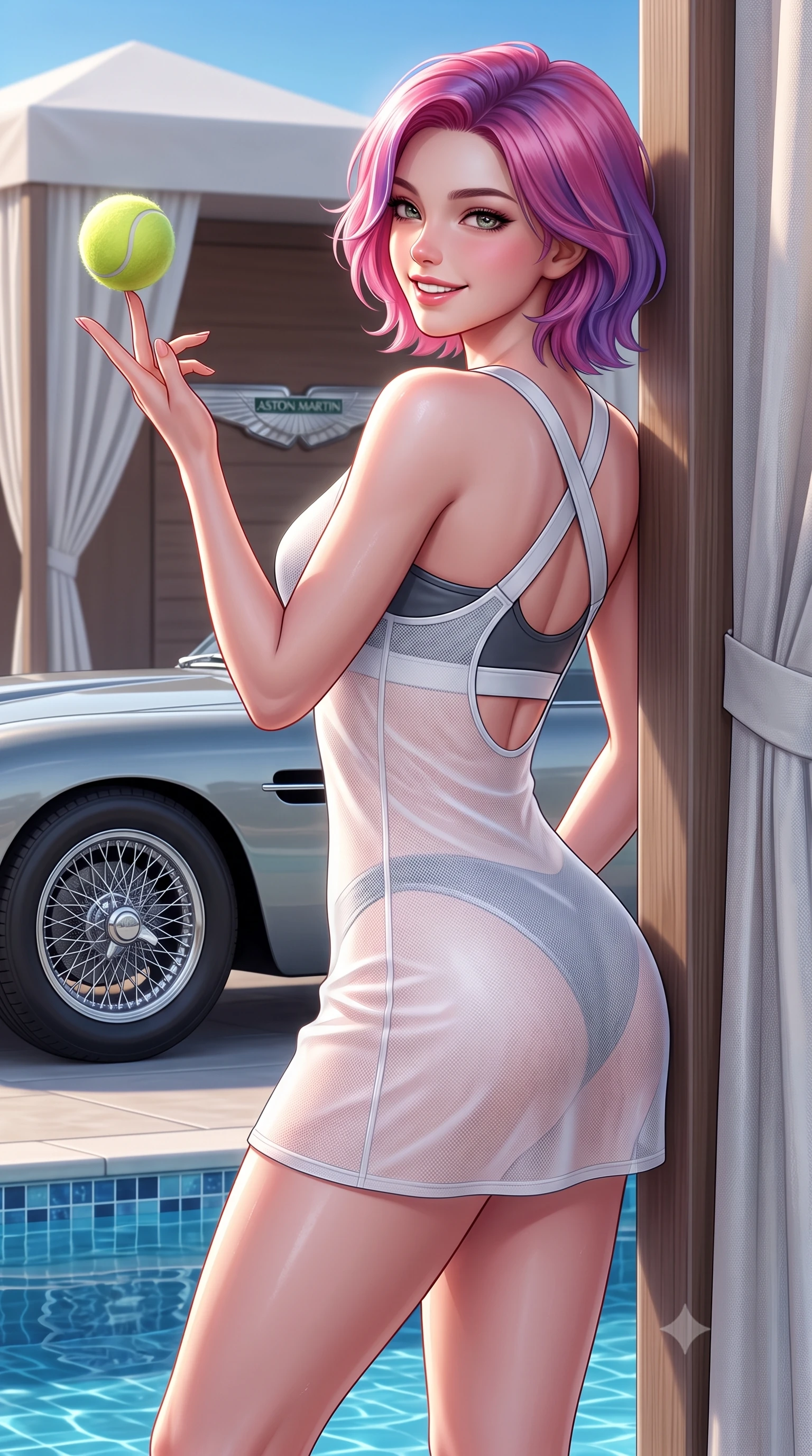 score_9, masterpiece, best quality, ultra-detailed, high-budget anime keyframe, semi-realistic 3D game render, editorial fashion photography, tasteful artistic composition, Caucasian woman. close-up cowboy shot from the waist and thighs up, the character dominates the composition, filling the frame with her large presence. playfully spinning a tennis ball on her fingertips, her radiant smile capturing fresh girlhood charm while her arched torso reveals an intoxicating hip contour while leaning against the poolside cabana post with hips cocked back, casting an alluring bedroom-gaze past floating turquoise pool water. The surrounding environment is rendered in vivid detail and crisp panoramic clarity: sharp Aston Martin wire wheel spoke clarity, polished chrome badge reliefs, and sparkling pool waterline tile in deep focus. She has an exceptionally elegant, slender, and willowy female figure with an ultra-slim waist, flat toned midriff, narrow ribcage, and sculpted feminine hips creating an alluring, slim hourglass silhouette without bulk. sharp v-shaped jawline, high-bridge nose, sparkling eyes with athletic focus and depth, thick curled eyelashes, glossy parted lips with a natural coral-peach sheen, bright confident and coquettish smile with alluring bedroom-eyes, exuding both youthful sporty vigor and sovereign high-society glamour, flawlessly proportioned anatomical accuracy, strict slender model proportions, natural body alignment, perfectly sculpted long slender limbs, ultra-slim waistline, clean dynamic posture without body distortion. wearing a delicate semi-sheer white mesh tennis slip dress layered over a matching sports bra, hugging her slender waist and hips in speedway charcoal slate and optic white accents, crafted from supple buttery lambskin racing leather with a satin sheen, finished with criss-cross back athletic straps highlighting her graceful shoulder blades, the form-contouring athletic cut accentuating her sculpted flat midriff, narrow delicate ribcage, and gracefully curvy hips with supermodel precision. illuminated by water caustic bounce and sharp platinum rim lights defining her sculpted collarbones, ultra-slim waist, and curvy hips. highly saturated vibrant anime colors, detailed shading with soft gradients, rich glossy textures, high-contrast stereoscopic depth, volumetric dynamic lighting, master piece, 9:16 ratio