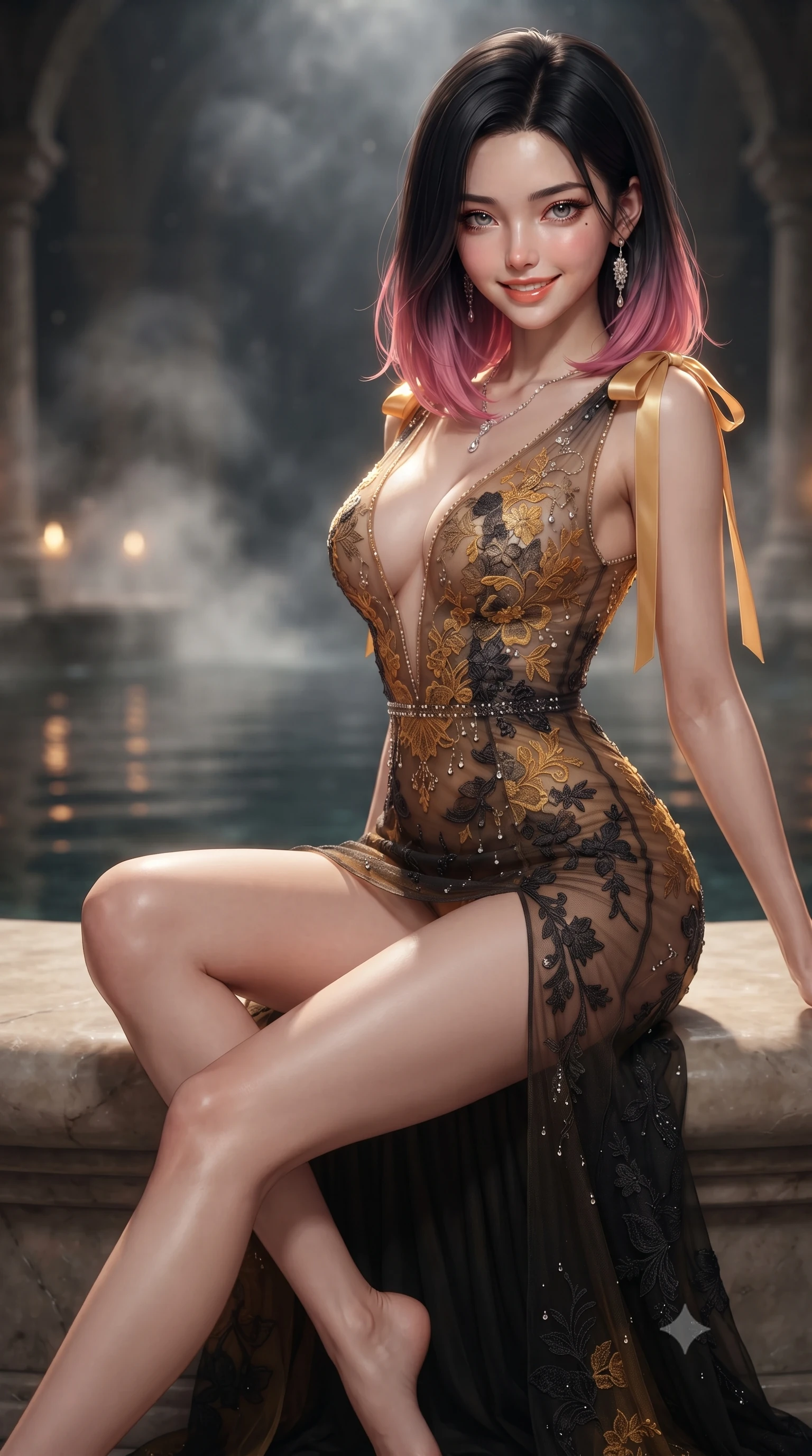 score_9, masterpiece, best quality, ultra-detailed, high-budget anime keyframe, editorial fashion photography, tasteful artistic composition, Korean woman. close-up cowboy shot from the waist and thighs up, the character dominates the composition, filling the frame with her large presence. perched sideways on the lounge seat, one knee drawn up to showcase her slender leg line while her arched back accentuates her feminine hip curve while sitting perched on the smooth stone coping with one knee bent and legs extended, casting a hypnotic, heavy-lidded gaze toward the lens. The background shows a soft-focus rising thermal cavern vapor softened in mystical ancient sanctuary shallow focus. She has an exceptionally elegant, slender, and willowy female figure with an ultra-slim waist, flat toned midriff, narrow ribcage, and sculpted feminine hips creating an alluring, slim hourglass silhouette without bulk. sharp v-shaped jawline, high-bridge nose, intricate jewel-like sparkling eyes with depth, thick eyelashes, glossy parted lips with a natural peach sheen, bright cheerful beaming smile with an enchanting and coquettish sensual glint, exuding both youthful cute charm and seductive allure, flawlessly proportioned anatomical accuracy, strict slender model proportions, natural body alignment, perfectly sculpted long slender limbs, ultra-slim waistline, clean dynamic posture without body distortion. wearing a plunge-front sheer mesh cocktail gown with delicate crystal beading and an ultra-daring hip-high leg slit in Hakone steaming sulfur amber and volcanic basalt black, made of delicate embroidered tulle lace with intricate floral motifs and soft transparency, finished with satin ribbon ties at the shoulders fluttering in the gentle breeze, the liquid-tight tailored fabric clinging flawlessly to her narrow waist and rounded feminine hips, emphasizing every millimeter of her sculpted slim hourglass curves without any bulky heaviness. illuminated by dark water mirror reflections and sharp amber-gold rim lights defining her razor-sharp jawline, narrow waist, and curvy hips. ultra-reflective glossy finish, specular highlights, rich textural contrasts, high-contrast stereoscopic depth, volumetric dynamic lighting, 2k, ultra detail, master piece, 9:16 ratio