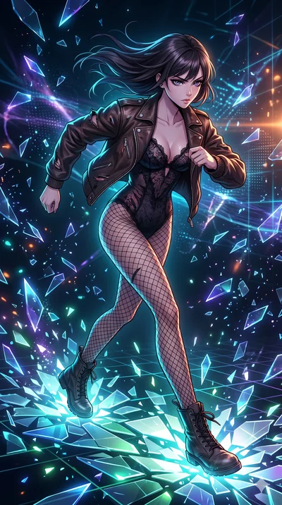 score_9, masterpiece, best quality, ultra-detailed, Set A: High-budget Anime Keyframe, Japanese woman. Low angle cowboy shot filling the entire 9:16 frame with her statuesque presence. Sprinting through a virtual reality void, as the ground beneath h