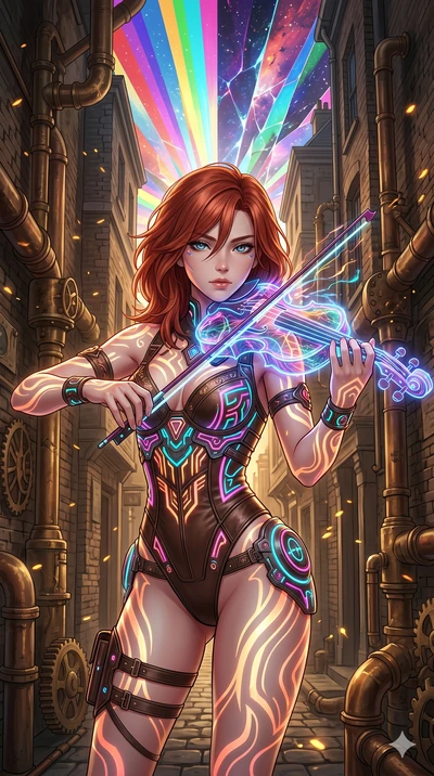 score_9, masterpiece, best quality, ultra-detailed, Set A: High-budget Anime Keyframe, Japanese woman. Upper body close-up from the thighs up, character filling the screen for maximum presence. Theme: Urban Decay. playing a holographic violin in a st