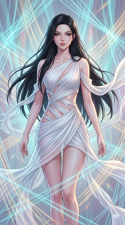 score_9, masterpiece, best quality, ultra-detailed, high-budget anime keyframe, Caucasian woman, strictly human ears. upper body close-up from the thighs up, character filling the screen for maximum presence. floating suspended in an ethereal loom ro