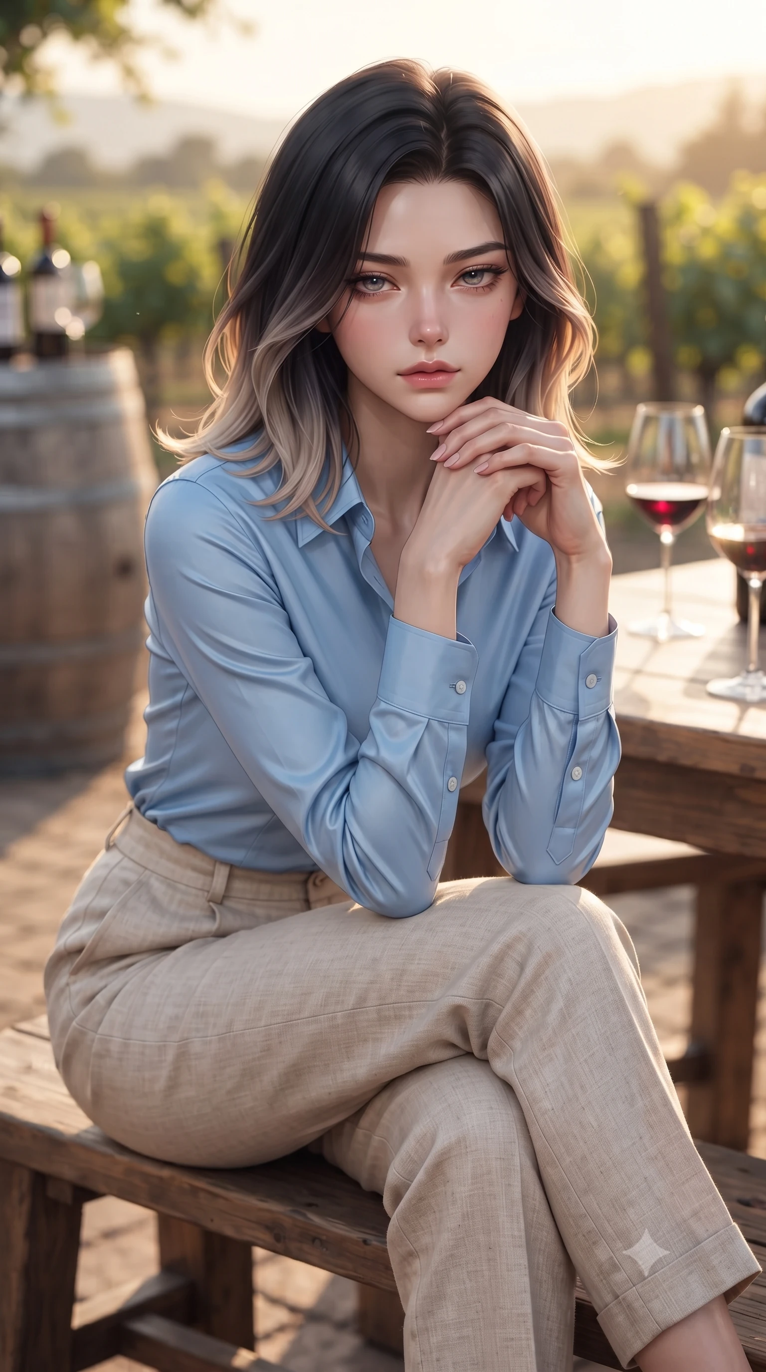 score_9, masterpiece, best quality, ultra-detailed, high-budget anime keyframe, editorial fashion photography, tasteful artistic composition, Korean woman woman. close-up cowboy shot from the waist and thighs up, the character dominates the composition, filling the frame with her large presence, background elements kept in soft focus. resting her chin on the backs of her fingers, casting a heavy-lidded, sultry look past the camera the background shows a soft-focus a wooden terrace of a vineyard winery, with wooden barrels and grapevines in soft focus. She has an exceptionally elegant, slender, and willowy female figure with an ultra-slim waist, a gracefully sculpted slender torso, and a refined silhouette. sharp v-shaped jawline, high-bridge nose, intricate jewel-like eyes with depth, thick eyelashes, glossy lips with a natural sheen. wearing a form-contouring tailored sky blue button-down shirt tucked into high-waisted beige linen trousers. warm golden hour light tracing the grapevines and wine glasses in a golden rim light. ultra-reflective glossy finish, specular highlights, metallic sheen, high-contrast stereoscopic depth, volumetric dynamic lighting, 2k, ultra detail, master piece, 9:16 ratio