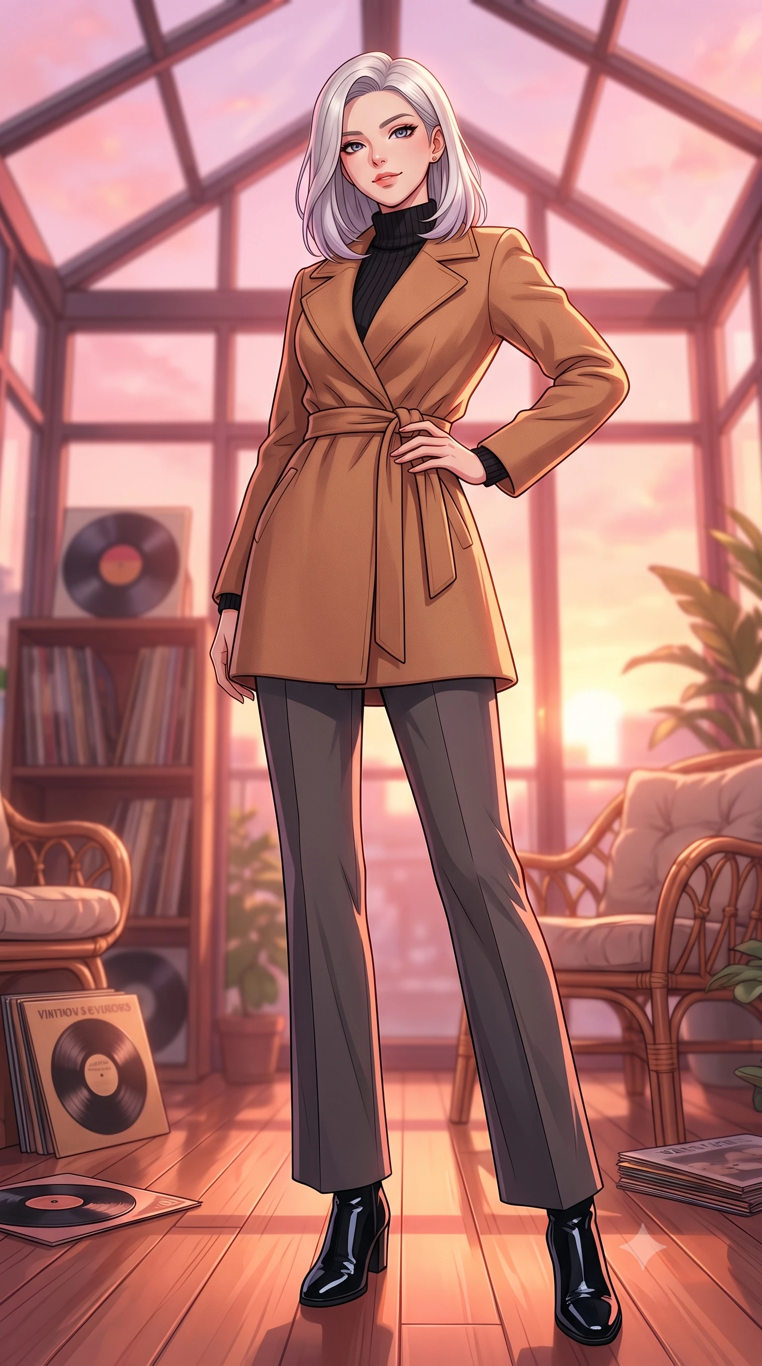 score_9, masterpiece, best quality, ultra-detailed, high-budget anime keyframe, tasteful artistic composition, Caucasian woman. low angle full-body shot from head to toe showing her feet, filling the entire 9:16 vertical frame with her statuesque presence, stretching her vertical silhouette. posing confidently with one hand on her hip, stretching her statuesque body to emphasize her curves the background shows a soft-focus a glass-walled sunroom filled with vintage records and comfortable rattan chairs. She has an absolutely perfect, statuesque 8.5-heads proportion, an exceptionally tall and slender model-like female figure with impossibly long slender legs and an ultra-slim waist. sharp v-shaped jawline, high-bridge nose, intricate jewel-like eyes with depth, thick eyelashes, glossy lips with a natural sheen. wearing a body-hugging warm camel-colored wrap coat over a black turtleneck sweater and charcoal slacks. soft pink and amber sunset glow painting the room in a romantic wash. highly saturated vibrant anime colors, cel-shading, 2d style, master piece, 9:16 ratio