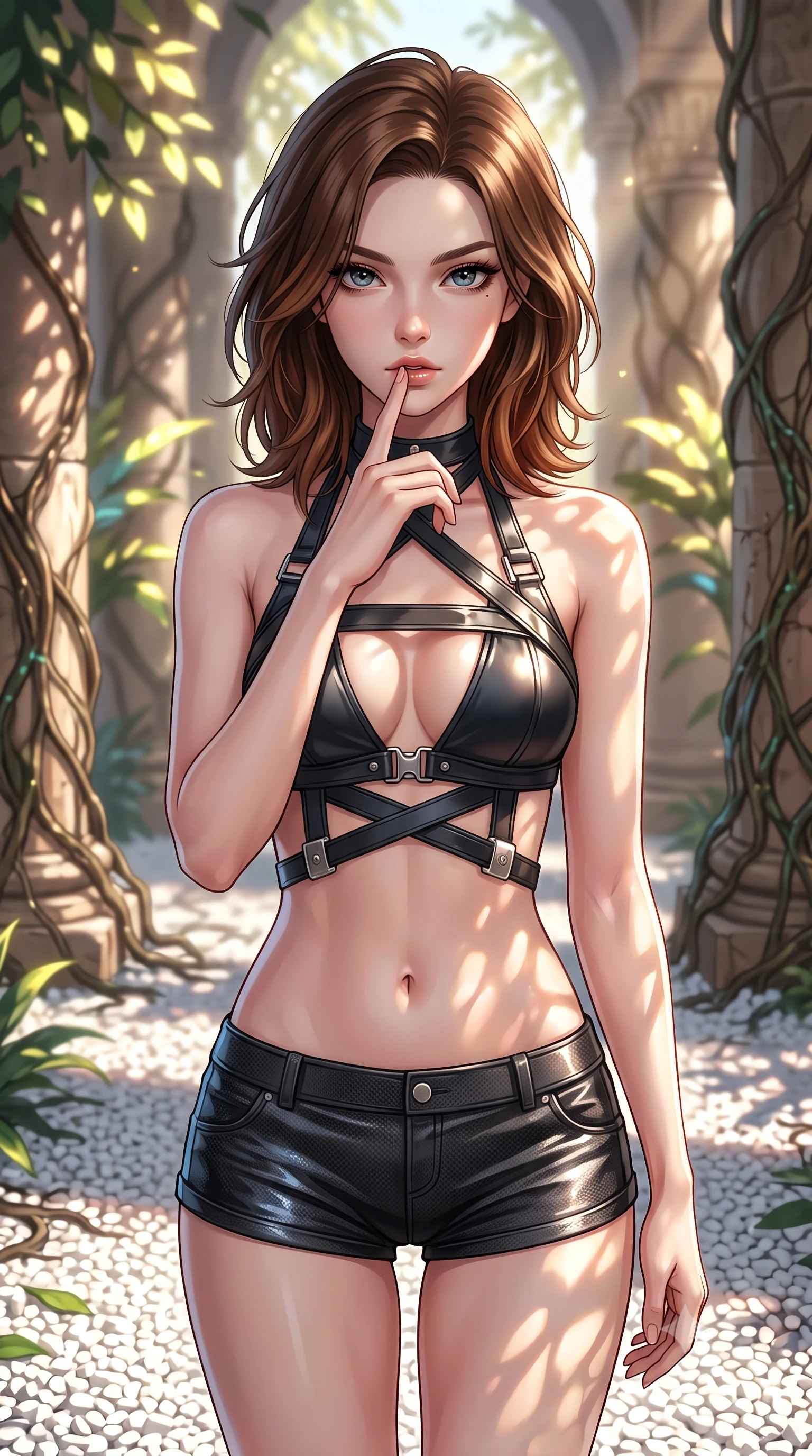 score_9, masterpiece, best quality, ultra-detailed, high-budget anime keyframe, editorial fashion photography, tasteful artistic composition, Korean woman. close-up cowboy shot from the waist and thighs up, the character dominates the composition, filling the frame with her large presence, background elements kept in soft focus. pressing one finger to her bottom lip in a thoughtful, composed gesture, locking eyes with the viewer, the background shows a soft-focus a desert oasis corridor with cyber-roots climbing ancient stone pillars. She has an exceptionally elegant, slender, and willowy female figure with an ultra-slim waist, a gracefully sculpted slender torso, and a refined silhouette. sharp v-shaped jawline, high-bridge nose, intricate jewel-like eyes with depth, thick eyelashes, glossy lips with a natural sheen. wearing a tailored backless halter-neck combat top with criss-cross strapping, paired with carbon-alloy micro-shorts. dappled sunlight filtering through glowing leaves onto the white gravel. highly saturated vibrant anime colors, detailed shading with soft gradients, rich glossy textures, high-contrast stereoscopic depth, volumetric dynamic lighting, master piece, 9:16 ratio