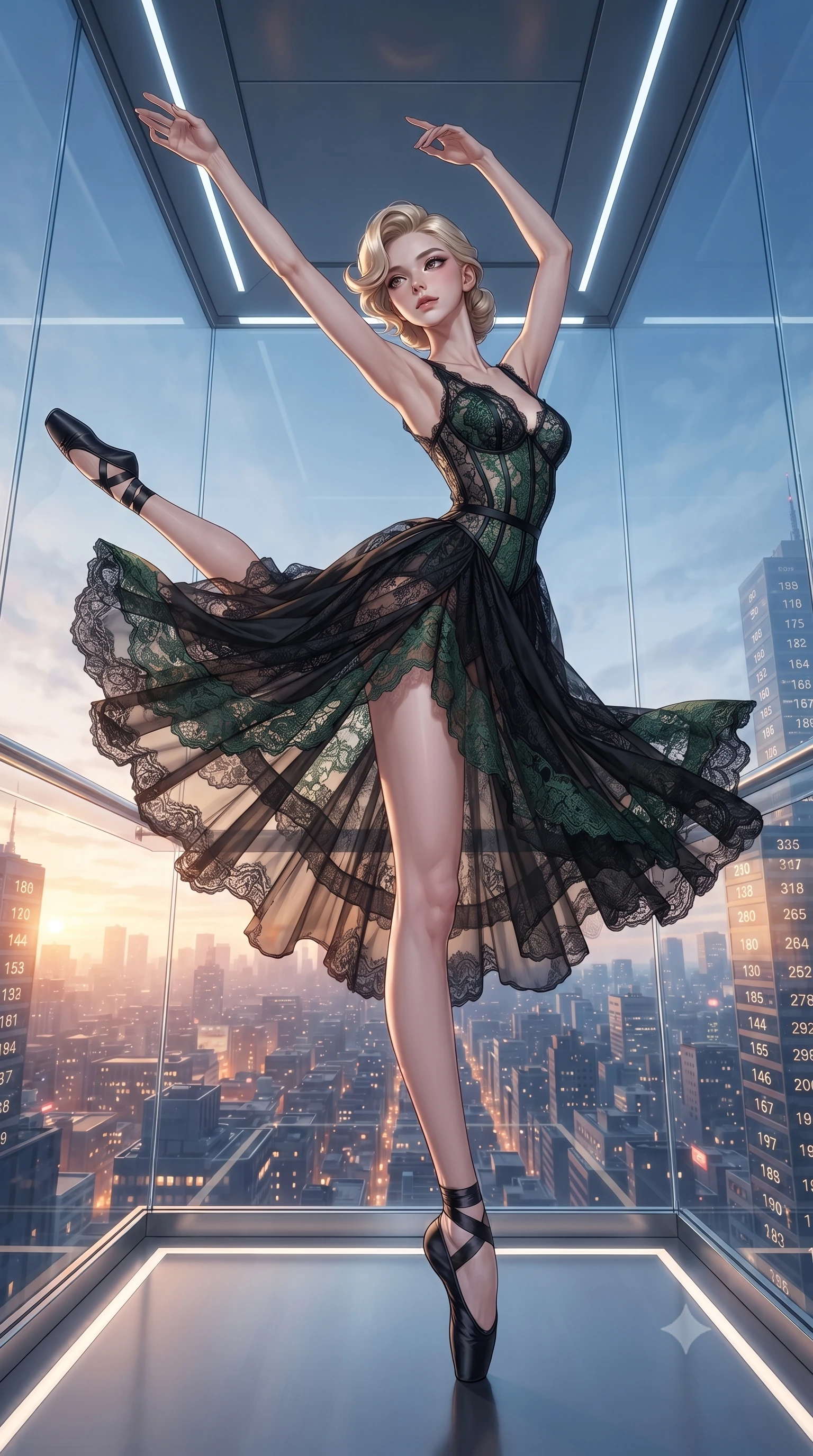 score_9, masterpiece, best quality, ultra-detailed, high-budget anime keyframe, editorial fashion photography, tasteful artistic composition, Korean woman. low angle full-body shot from head to toe showing her feet, filling the entire 9:16 vertical frame with her statuesque presence, stretching her vertical silhouette. twirling with balletic elegance inside inside a transparent crystal elevator ascending through a building of impossible height with the entire cityscape unfolding below like a growing miniature model floor numbers counting into the hundreds. She has a statuesque 8.5-heads proportion, an exceptionally tall, slender and willowy model-like build with impossibly long legs and a highly sculpted ultra-slim waist. sharp v-shaped jawline, high-bridge nose, intricate jewel-like eyes with depth, thick eyelashes, glossy lips with a natural sheen. wearing a deconstructed lace gown in black, detailed with forest green lace panels and corset structure. the elevator interior lit by subtle LED strips while the panoramic city outside provides dynamic changing light from golden at ground level to cool blue at cloud height. 2k, ultra detail, master piece, 9:16 ratio