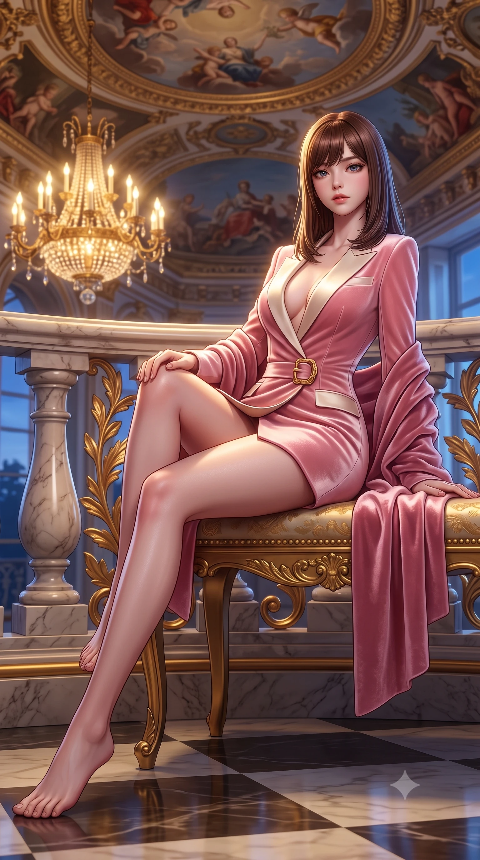 score_9, masterpiece, best quality, ultra-detailed, high-budget anime keyframe, semi-realistic 3D game render, editorial fashion photography, tasteful artistic composition, Korean woman. low angle full-body shot from head to toe showing her feet, filling the entire 9:16 vertical frame with her statuesque presence, stretching her vertical silhouette. reclining on her side in an elegant Cleopatra pose with one knee drawn up, the dramatic contour of her rounded hips and long slender legs commanding the 9:16 vertical frame while perching on an ornate gilded bench beneath classical ceiling frescoes, looking back over her shoulder with royal sovereign allure. The surrounding environment is rendered in vivid detail and crisp panoramic clarity. sharp carved marble baluster contours, gilded leaf scrollwork, and polished checkerboard floor in deep focus. She has an exceptionally tall and slender model-like 8.5-heads proportion, an ultra-slim waist, a flat toned midriff, narrow delicate ribcage, and beautifully sculpted feminine hips creating a graceful, slim hourglass silhouette without any bulky heaviness, with impossibly long slender legs. sharp v-shaped jawline, high-bridge nose, intricate jewel-like eyes with depth, thick eyelashes, glossy parted lips with a natural sheen, intensely captivating and seductive bedroom-eyes expression, flawlessly proportioned anatomical accuracy, strict slender model proportions, natural body alignment, perfectly sculpted long slender limbs, ultra-slim waistline, clean dynamic posture without body distortion. wearing a tailored velvet tuxedo jacket dress with satin lapels, worn with a deep plunge neckline and gold hip buckle in sakura blossom pink and warm ivory, tailored from ultra-smooth duchess satin with a pearlescent sheen, complemented by a plush velvet shawl draped loosely over her elbows, the liquid-tight tailored fabric clinging flawlessly to her narrow waist and rounded feminine hips, emphasizing every millimeter of her sculpted slim hourglass curves without any bulky heaviness. bathed in opulent golden chandelier light radiating from the grand foyer and cool blue evening sky fill. highly saturated vibrant anime colors, detailed shading with soft gradients, rich glossy textures, high-contrast stereoscopic depth, volumetric dynamic lighting, master piece, 9:16 ratio
