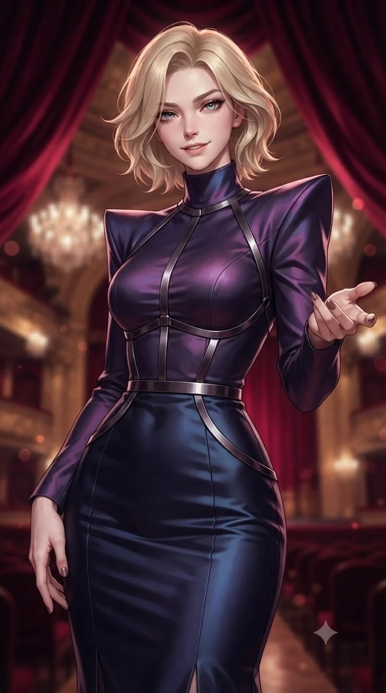 score_9, masterpiece, best quality, ultra-detailed, high-budget anime keyframe, editorial fashion photography, tasteful artistic composition, Caucasian woman. close-up cowboy shot from the waist and thighs up, the character dominates the composition, filling the frame with her large presence. tilting her head with a teasing half-smile, running one hand slowly down the side of her hip in a flirtatious S-curve while reaching one hand toward the viewer with relaxed dark elegance, her tailored tux dress tracing her ultra-slim waist and hips. The background shows a soft-focus gilded baroque opera tiers, cascading deep crimson velvet drapes, and distant illuminated stage chandeliers blurred into ruby, burgundy, and gold bokeh. She has an exceptionally elegant, slender, and willowy female figure with an ultra-slim waist, flat toned midriff, narrow ribcage, and sculpted feminine hips creating an alluring, slim hourglass silhouette without bulk. sharp v-shaped jawline, high-bridge nose, intricate jewel-like dark sparkling eyes with hypnotic seductive depth, thick curled eyelashes, glossy parted lips with a natural wine sheen, alluring bedroom-eyes with an enigmatic smoldering smile, exuding magnetic sovereign charisma and dark avant-garde glamour, flawlessly proportioned anatomical accuracy, strict slender model proportions, natural body alignment, perfectly sculpted long slender limbs, ultra-slim waistline, clean dynamic posture without body distortion. wearing a bespoke high-neck architectural wool column gown with structured sharp shoulder pads in iridescent dark violet taffeta and midnight indigo, tailored from soft dark satin with subtle light-absorbing depth, highlighted by a gunmetal metallic harness structure, the bespoke structured tailoring following the natural line of her 8.5-heads silhouette with refined elegance. illuminated by crimson velvet rail bounce and sharp champagne-rose rim lights defining her razor-sharp jawline, narrow waist, and curvy hips. ultra-reflective glossy finish, specular highlights, metallic sheen, high-contrast stereoscopic depth, volumetric dynamic lighting, 2k, ultra detail, master piece, 9:16 ratio