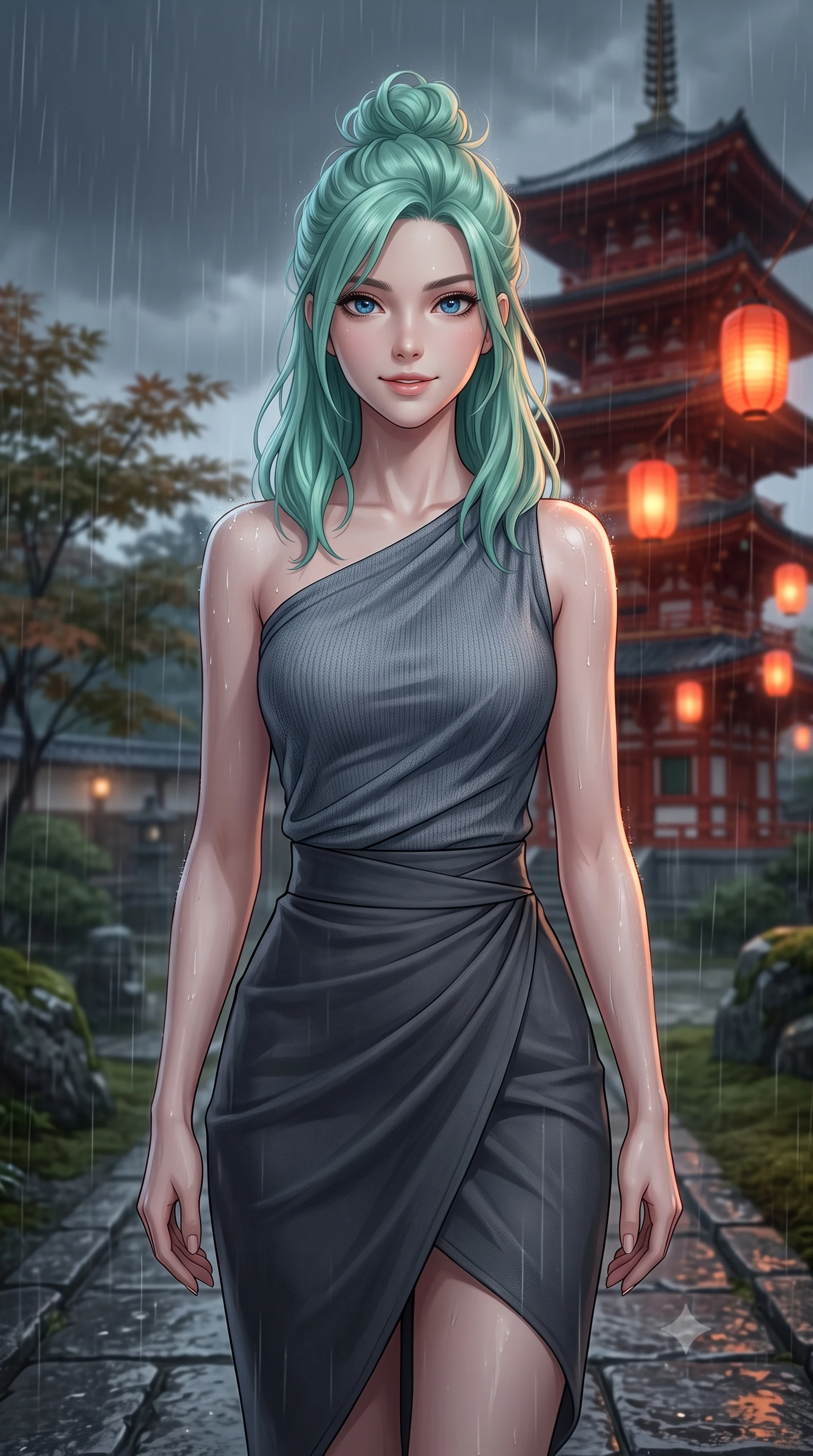 score_9, masterpiece, best quality, ultra-detailed, high-budget anime keyframe, editorial fashion photography, tasteful artistic composition, Japanese woman. close-up cowboy shot from the waist and thighs up, the character dominates the composition, filling the frame with her large presence, background elements kept in soft focus. Gazing ahead with a happy, optimistic expression and a gentle smile. set against a soft-focus background of on a stone path of a garden during a heavy warm summer rain shower, looking at a tall red wooden pagoda with floating red paper lanterns. She has an exceptionally elegant, slender, and willowy female figure with a highly-defined ultra-slim waist, a gracefully sculpted slender torso, and a refined slim-fit silhouette that contours her form. sharp v-shaped jawline, high-bridge nose, intricate jewel-like eyes with depth, thick eyelashes, glossy lips with a natural sheen. wearing an asymmetric draped knit top in slate grey, paired with a matching high-waisted charcoal wrap skirt wrapping her hips. warm orange glow from the paper lanterns contrasting with the cool, dark grey rain-swept sky. 2k, ultra detail, master piece, 9:16 ratio