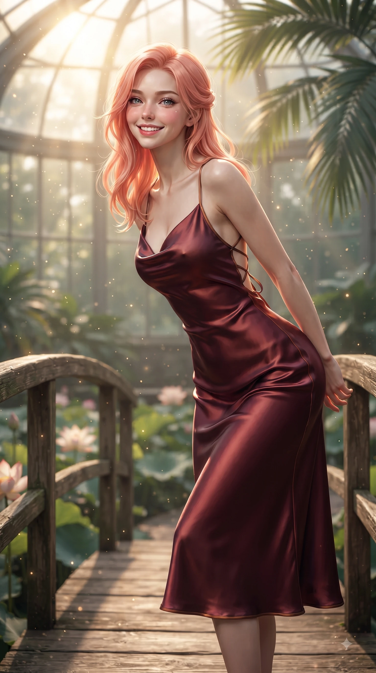score_9, masterpiece, best quality, ultra-detailed, high-budget anime keyframe, editorial fashion photography, tasteful artistic composition, Japanese woman. close-up cowboy shot from the waist and thighs up, the character dominates the composition, filling the frame with her large presence. Cheerful beaming smile with sparkling eyes and a fresh girlhood aura, leaning forward with playful grace while pivoting gracefully on a wooden bridge over a lotus pond catching morning sunbeams. The composition keeps background elements in soft focus with dreamy bokeh. sunbeams filtering through palm leaves scattering soft background light motes. She has an exceptionally elegant, slender, and willowy female figure with an ultra-slim waist, a gracefully sculpted slender torso, and a refined silhouette. sharp v-shaped jawline, high-bridge nose, intricate jewel-like eyes with depth, thick eyelashes, glossy lips with a natural sheen, flawlessly proportioned anatomical accuracy, natural body alignment, perfectly sculpted elegant limbs, clean dynamic posture without body distortion. wearing an elegant cowl-neck silk satin midi dress with a graceful draped neckline in deep burgundy red and bronze accent, crafted from smooth liquid silk satin, finished with delicate criss-cross back straps highlighting her bare shoulders, the tailored fabric tightly following every curve of her athletic build. bathed in brilliant golden sunlight filtering through conservatory glass panes. ultra-reflective glossy finish, specular highlights, metallic sheen, high-contrast stereoscopic depth, volumetric dynamic lighting, 2k, ultra detail, master piece, 9:16 ratio