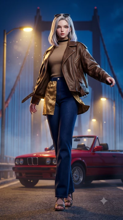 score_9, masterpiece, best quality, ultra-detailed, high-budget anime keyframe, semi-realistic 3D game render, editorial fashion photography, tasteful artistic composition, Caucasian woman. low angle full-body shot from head to toe showing her feet, 