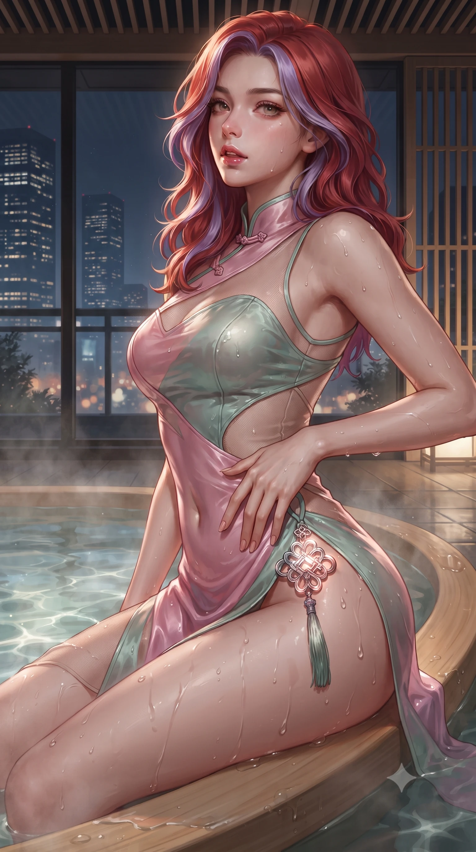 score_9, masterpiece, best quality, ultra-detailed, high-budget anime keyframe, editorial fashion photography, tasteful artistic composition, Caucasian woman. close-up cowboy shot from the waist and thighs up, the character dominates the composition, filling the frame with her large presence. resting one manicured hand delicately on her hip bone, her upper body turning in a fluid, seductive S-curve while parted lips glisten in the light while perching on the smooth hinoki wood rim of a steaming outdoor onsen, water droplets beading on her hip as she glances back with parted lips. The surrounding environment is rendered in vivid detail and crisp panoramic clarity. detailed mineral pool ripple caustics, cedar lattice work, and city skyscraper windows in high clarity. She has an exceptionally elegant, slender, and willowy female figure with an ultra-slim waist, a gracefully sculpted slender torso, toned flat midriff, and rounded feminine hips creating an alluring hourglass silhouette. sharp v-shaped jawline, high-bridge nose, intricate jewel-like eyes with depth, thick eyelashes, glossy parted lips with a natural sheen, intensely captivating and seductive bedroom-eyes expression, flawlessly proportioned anatomical accuracy, strict slender model proportions, natural body alignment, perfectly sculpted long slender limbs, ultra-slim waistline, clean dynamic posture without body distortion. wearing a wet-look silk fusion wrap dress with asymmetrical sheer mesh cutouts and high Mandarin collar in lotus petal pink and jade mist, made of sheer contouring power-mesh panels with anatomical curve lines, accented with a glowing metallic norigae knot charm resting against her hip, the form-contouring material adhering flawlessly to her sculpted flat midriff and slender torso, emphasizing her long leg lines and perfectly proportioned willowy build. surrounded by an intimate, tranquil, and deeply sensual Japanese skylounge muse aura. ultra-reflective glossy finish, specular highlights, rich textural contrasts, high-contrast stereoscopic depth, volumetric dynamic lighting, 2k, ultra detail, master piece, 9:16 ratio