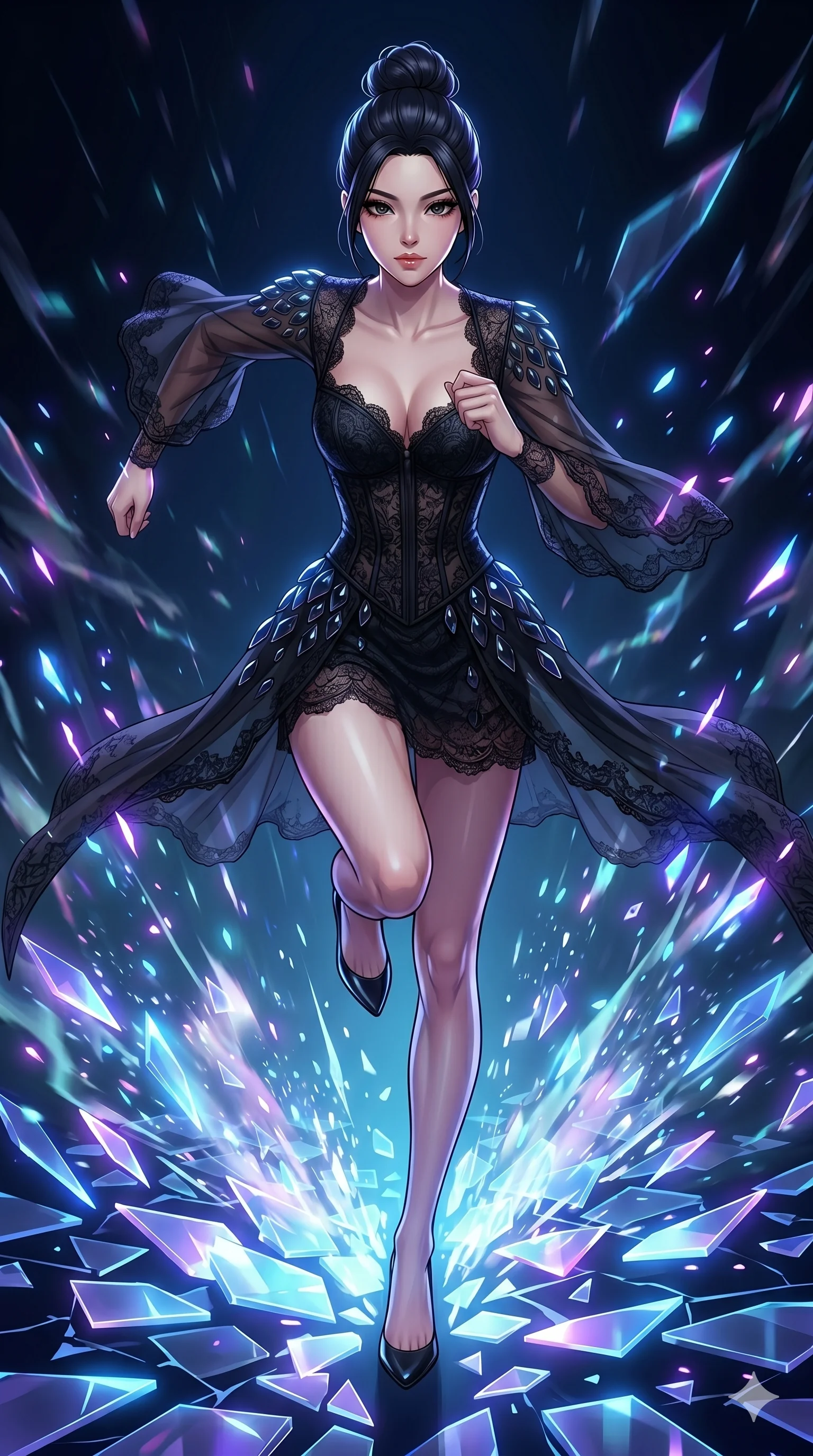 score_9, masterpiece, best quality, ultra-detailed, Set A: High-budget Anime Keyframe, Korean woman. Low angle cowboy shot filling the entire 9:16 frame with her statuesque presence. Sprinting through a virtual reality void, as the ground beneath her turns into 251 shards of light and surrounded by glowing energy sparks. She has an absolutely perfect 8-heads proportion, an exceptionally tall and slender female figure with impossibly long slender legs and an ultra-slim waist. Sharp v-shaped jawline, high-bridge nose, intricate jewel-like eyes with depth, thick eyelashes, glossy lips with a natural sheen. Wearing Gothic lace corset mini-dress with sheer bell-sleeves and obsidian glass scales. Cinematic lighting, vibrant colors, dramatic shadows, 2k, ultra detail, master piece, 9:16 ratio