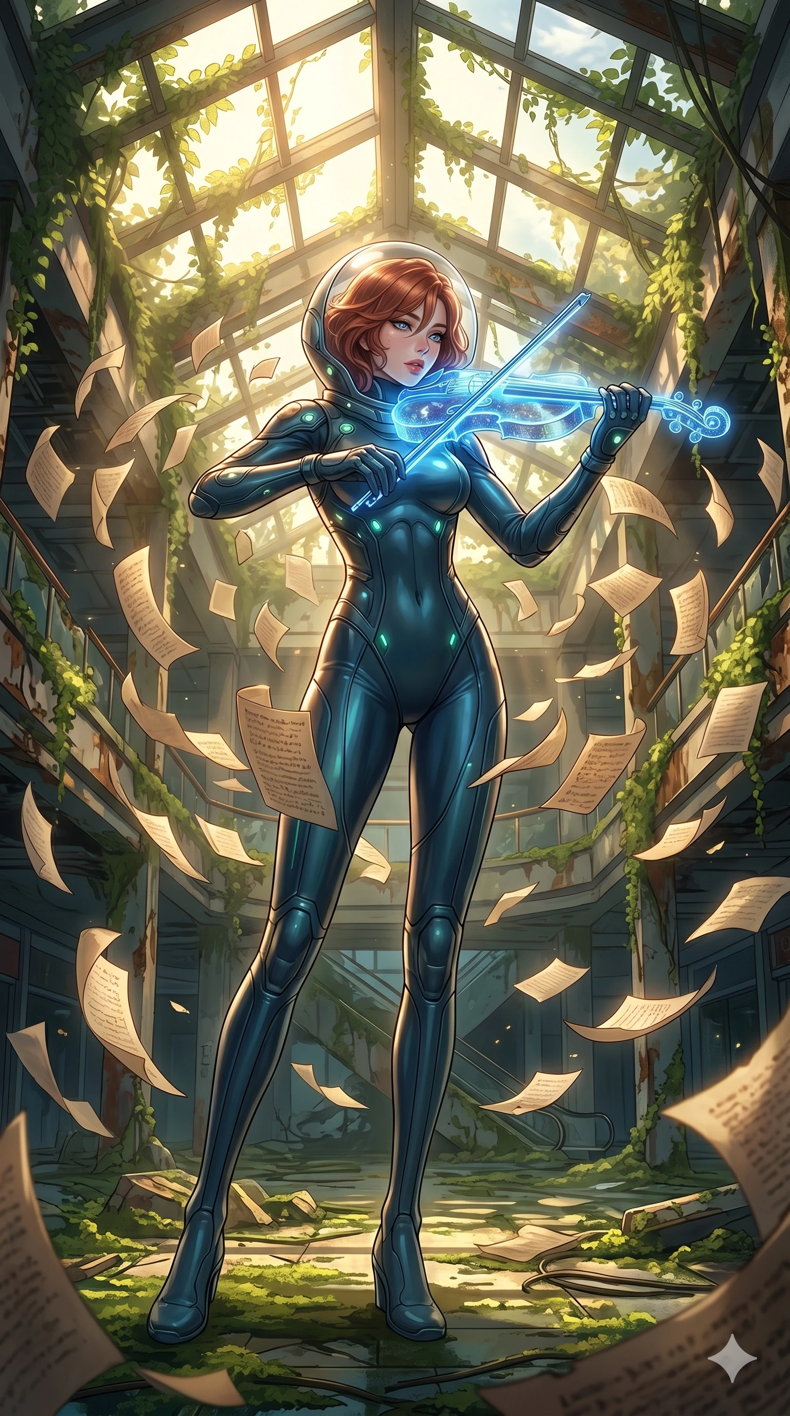 score_9, masterpiece, best quality, ultra-detailed, Set A: High-budget Anime Keyframe, Korean woman. Low angle cowboy shot filling the entire 9:16 frame with her statuesque presence. Theme: Ethereal Dream. playing a holographic violin in a ruined overgrown shopping mall, surrounded by a whirlwind of 283 floating ancient scrolls. The atmosphere is filled with cinematic sunlight through leaves. She has an absolutely perfect 8-heads proportion, an exceptionally tall and slender female figure with impossibly long slender legs and an ultra-slim waist. Sharp v-shaped jawline, high-bridge nose, intricate jewel-like eyes with depth, glossy lips. Wearing Deep-space explorer suit with transparent helmet-hood and glowing bio-sensors. Cinematic lighting, vivid colors, dramatic shadows, 2k, ultra detail, master piece, 9:16 ratio