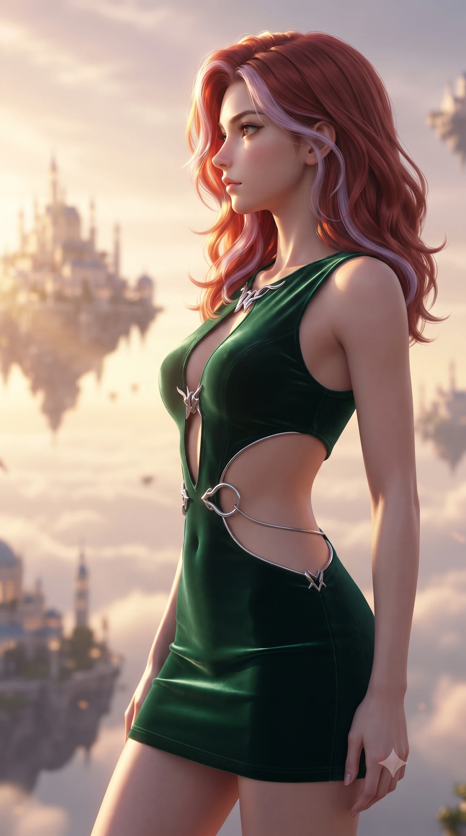 score_9, masterpiece, best quality, ultra-detailed, high-budget anime keyframe, editorial fashion photography, tasteful artistic composition, Caucasian woman. close-up cowboy shot from the waist and thighs up, the character dominates the composition, filling the frame with her large presence, background elements kept in soft focus. Turning her face in sharp dramatic profile against the bright light, showcasing her sharp v-shaped jawline gazing out at a dreamlike palace archipelago suspended in golden hour light, golden hour sunbursts creating a majestic rim lighting effect. She has an exceptionally elegant, slender, and willowy female figure with an ultra-slim waist, a gracefully sculpted slender torso, and a refined silhouette. sharp v-shaped jawline, high-bridge nose, intricate jewel-like eyes with depth, thick eyelashes, glossy lips with a natural sheen. wearing a dramatic open-waist cutout mini dress framed by sculptural hardware in deep emerald green and silver accent, made of premium stretch velvet with a rich sheen, accented with delicate chrome ring hardware framing her waist, the form-contouring material highlighting her ultra-slim waist and long lines. bathed in glorious golden hour sunbeams and warm rose-gold ambient light. highly saturated vibrant anime colors, detailed shading with soft gradients, rich glossy textures, high-contrast stereoscopic depth, volumetric dynamic lighting, master piece, 9:16 ratio