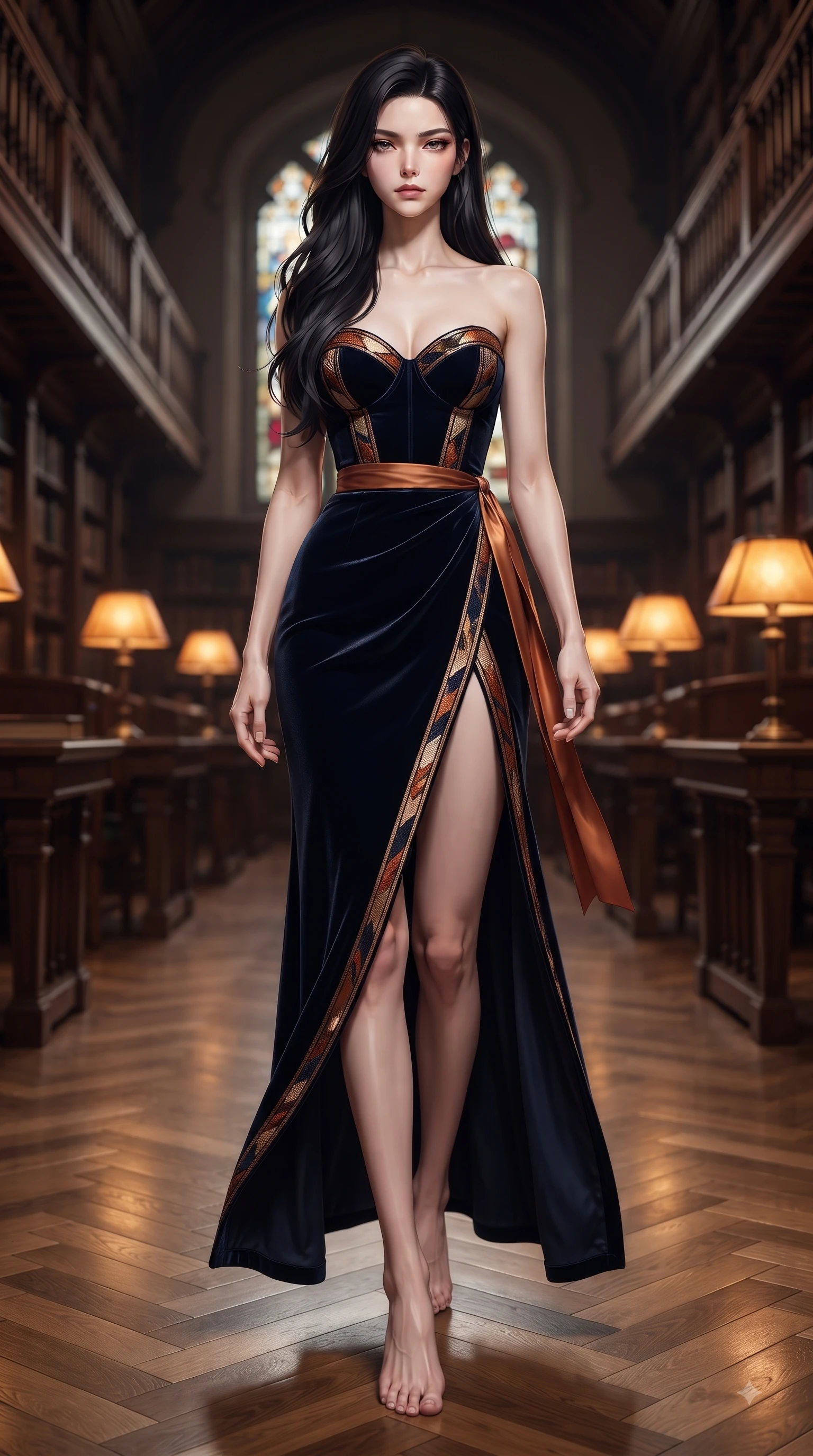 score_9, masterpiece, best quality, ultra-detailed, high-budget anime keyframe, editorial fashion photography, tasteful artistic composition, Korean woman. low angle full-body shot from head to toe showing her feet, filling the entire 9:16 vertical frame with her statuesque presence, stretching her vertical silhouette. Cool disdainful expression looking past the camera with effortless superiority and a stoic facial line while walking down a polished parquet aisle flanked by tall bookcase stacks. The composition keeps background elements in soft focus with dreamy bokeh. stained glass windows and glowing desk lamps softened in quiet, atmospheric focus. She has an absolutely perfect, statuesque 8.5-heads proportion, an exceptionally tall and slender model-like female figure with impossibly long slender legs and an ultra-slim waist. sharp v-shaped jawline, high-bridge nose, intricate jewel-like eyes with depth, thick eyelashes, glossy lips with a natural sheen, flawlessly proportioned anatomical accuracy, natural body alignment, perfectly sculpted elegant limbs, clean dynamic posture without body distortion. wearing a sleek dark navy velvet bustier gown with a deep slit and metallic accents in burnt orange and warm camel beige, crafted from soft breathable Italian linen, accented with a delicate side waist sash creating fluid lines, the tailored fit highlighting her statuesque and model-like silhouette. illuminated by warm glowing amber desk lamps and rich wood refractions. ultra-reflective glossy finish, specular highlights, metallic sheen, high-contrast stereoscopic depth, volumetric dynamic lighting, 2k, ultra detail, master piece, 9:16 ratio