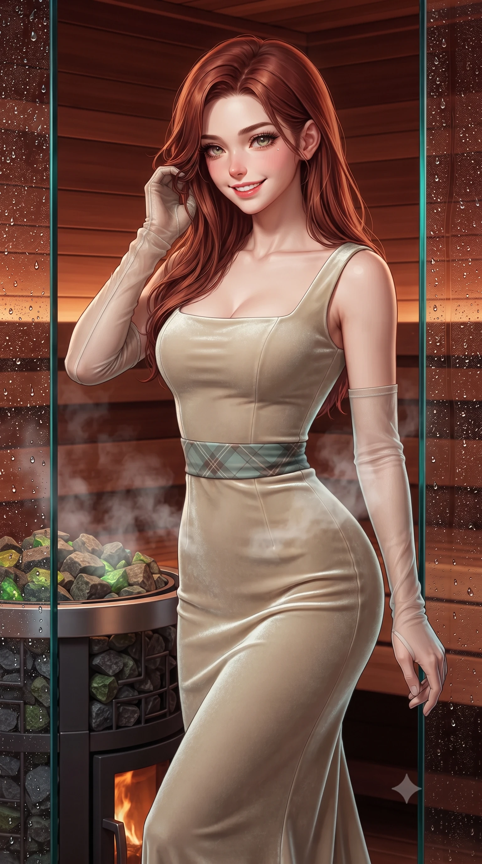 score_9, masterpiece, best quality, ultra-detailed, high-budget anime keyframe, editorial fashion photography, tasteful artistic composition, Korean woman. close-up cowboy shot from the waist and thighs up, the character dominates the composition, filling the frame with her large presence. gently brushing a lock of hair behind her ear while casting a playful, flirtatious side-gaze with long eyelashes while twisting her slender torso in an alluring S-curve beside the heated stone stove, rising pine-scented steam wrapping around her narrow waist and curvy hips. The surrounding environment is rendered in vivid detail and crisp panoramic clarity: sharp red cedar plank textures, heated volcanic peridotite stove rocks, and water droplet beads on structural glass in deep focus. She has an exceptionally elegant, slender, and willowy female figure with an ultra-slim waist, flat toned midriff, narrow ribcage, and sculpted feminine hips creating an alluring, slim hourglass silhouette without bulk. sharp v-shaped jawline, high-bridge nose, intricate jewel-like sparkling eyes with depth, thick eyelashes, glossy parted lips with a natural peach sheen, bright cheerful beaming smile with an enchanting and coquettish sensual glint, exuding both youthful cute charm and seductive allure, flawlessly proportioned anatomical accuracy, strict slender model proportions, natural body alignment, perfectly sculpted long slender limbs, ultra-slim waistline, clean dynamic posture without body distortion. wearing a classical Scottish Victorian velvet evening gown with modest square neckline and tartan sash in Deauville Belle Époque champagne luster and seafoam pearl, tailored from ultra-plush silk velvet with rich tactile depth and deep shadow gradients, complemented by sheer opera-length evening gloves tracing her slender arms, the impeccably tailored cut draping gracefully along her slender figure with aristocratic poise. illuminated by cedar wood bounce and sharp copper-cyan rim lights defining her dewy collarbones, ultra-slim waist, and curvy hips. ultra-reflective glossy finish, specular highlights, rich textural contrasts, high-contrast stereoscopic depth, volumetric dynamic lighting, 2k, ultra detail, master piece, 9:16 ratio