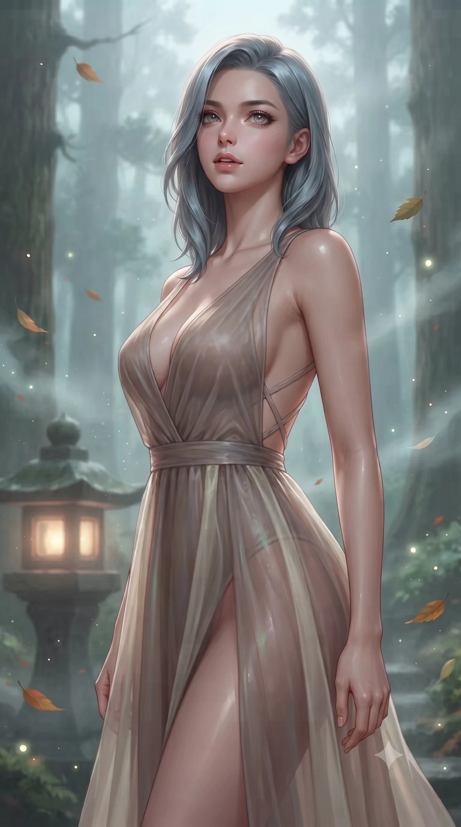 score_9, masterpiece, best quality, ultra-detailed, high-budget anime keyframe, editorial fashion photography, tasteful artistic composition, Korean woman. close-up cowboy shot from the waist and thighs up, the character dominates the composition, filling the frame with her large presence, background elements kept in soft focus. Tilting her chin up slightly with lips parted in a magnetic, composed expression standing near a sacred stone lantern glowing softly in a cedar grove at dawn, floating autumn leaves and glowing mist motes adding serene magic. She has an exceptionally elegant, slender, and willowy female figure with an ultra-slim waist, a gracefully sculpted slender torso, and a refined silhouette. sharp v-shaped jawline, high-bridge nose, intricate jewel-like eyes with depth, thick eyelashes, glossy lips with a natural sheen. wearing a translucent iridescent chiffon gown with a plunging neckline and open back in muted taupe and soft ivory, woven from fine semi-opaque sheer organza, complemented by criss-cross back straps highlighting her bare shoulders, the glove-like fit emphasizing her statuesque silhouette. surrounded by a tranquil, spiritual aura with rich red and green contrast. ultra-reflective glossy finish, specular highlights, metallic sheen, high-contrast stereoscopic depth, volumetric dynamic lighting, 2k, ultra detail, master piece, 9:16 ratio